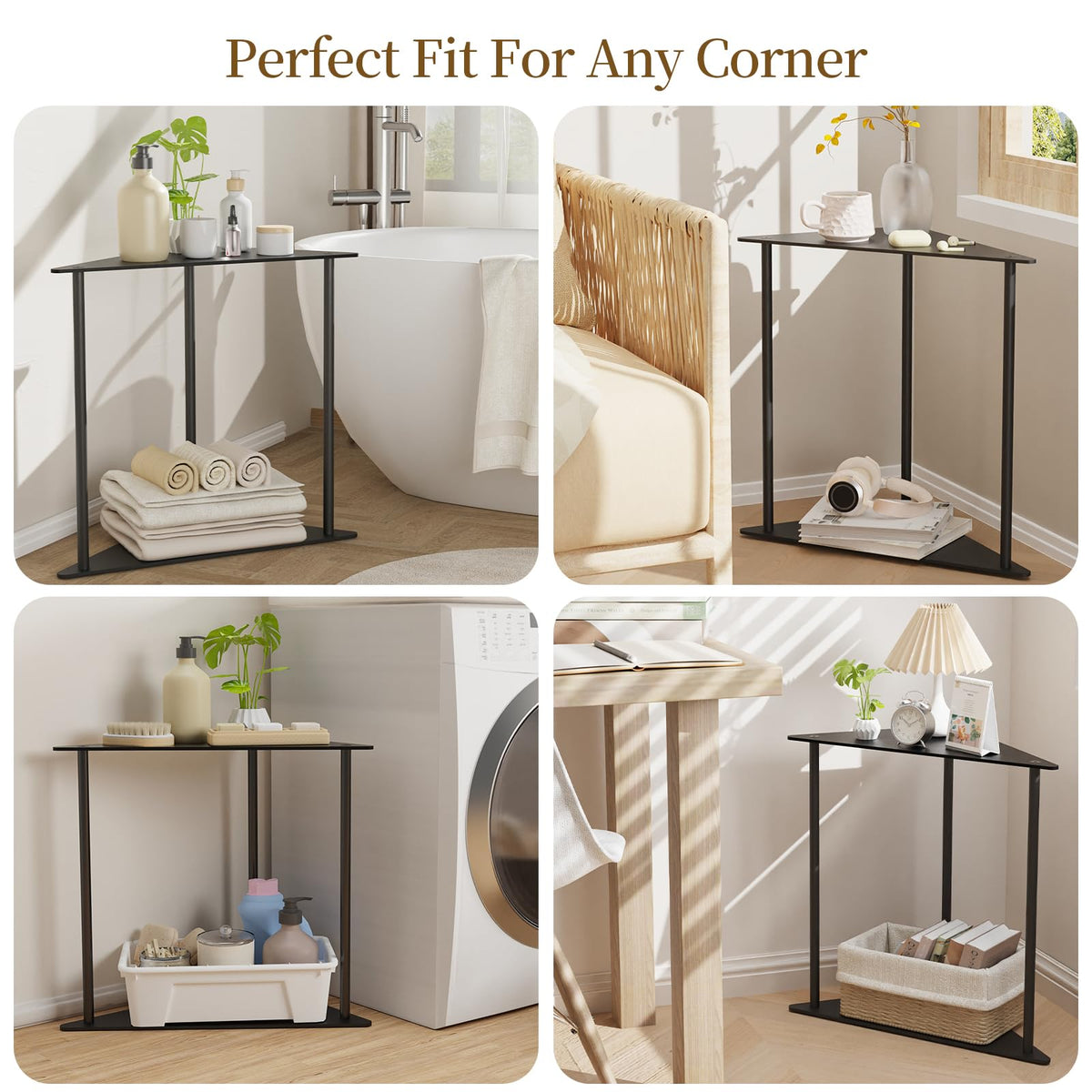 Yawinhe Triangle Metal Side Table,2-Tier Small Corner Table,Black,1 Pack