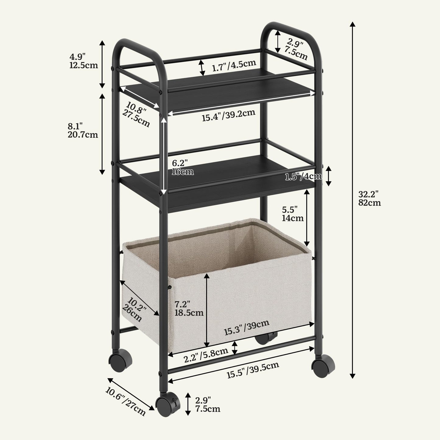 YITAHOME metal storage trolley on wheels, 3 Tier kitchen trolley, storage cart with Woven Basket, Lockable Wheels, Handle, book cart for office