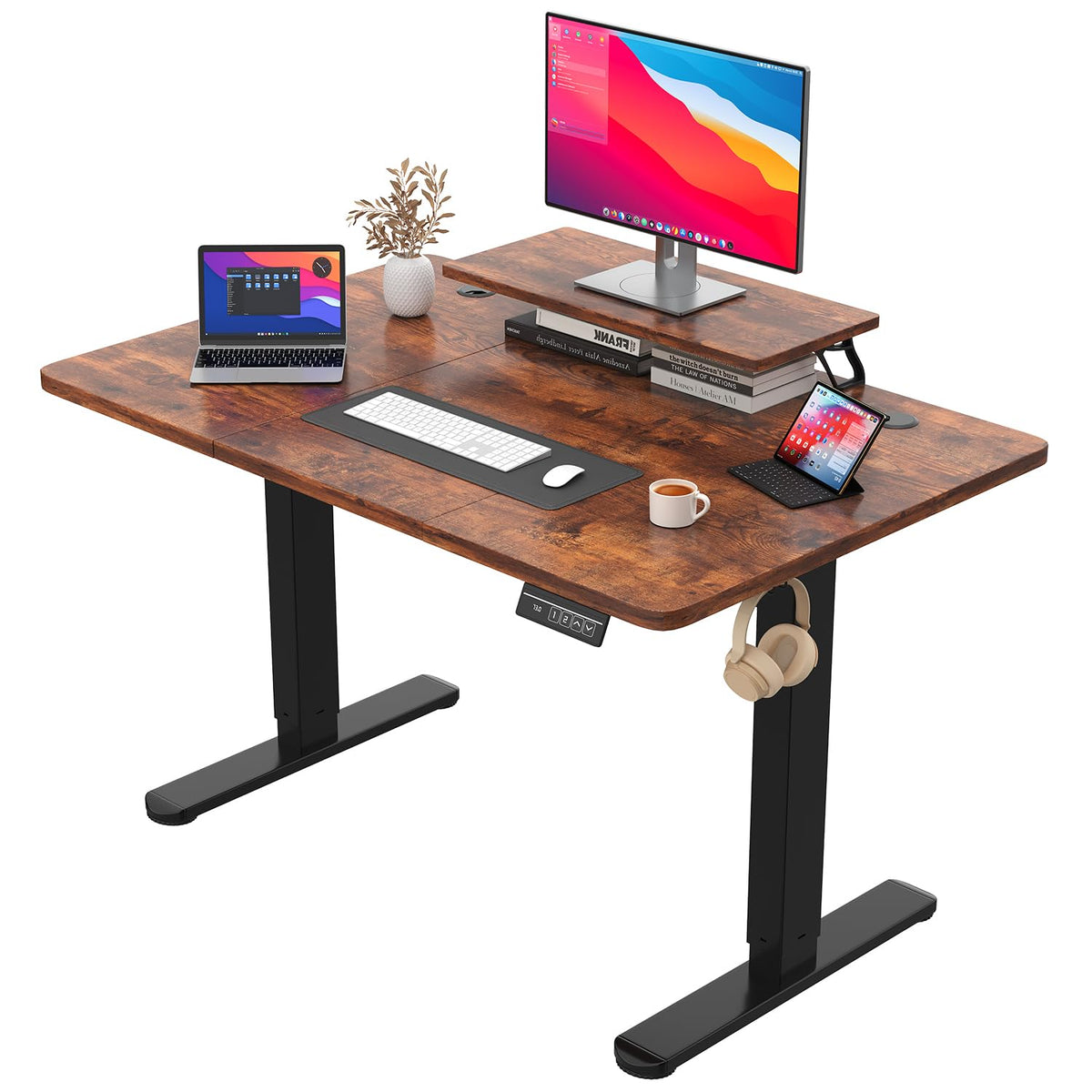 JUMMICO Electric Standing Desk with Monitor Stand, 120x60cm Height Adjustable Desk, Office Table with 2 Memory Smart Pannel,Rustic Brown