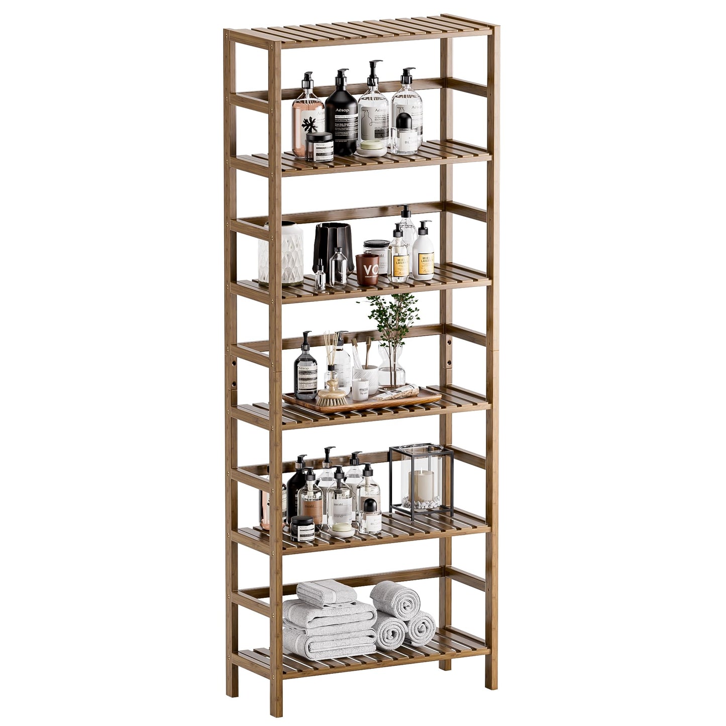 HITNET Bookcase, Bamboo Bookshelf, 6-Tier Adjustable Tall Open Book Shelf, Free Standing Storage Shelves Organizer, Flower Plant Display Stand, Walnut