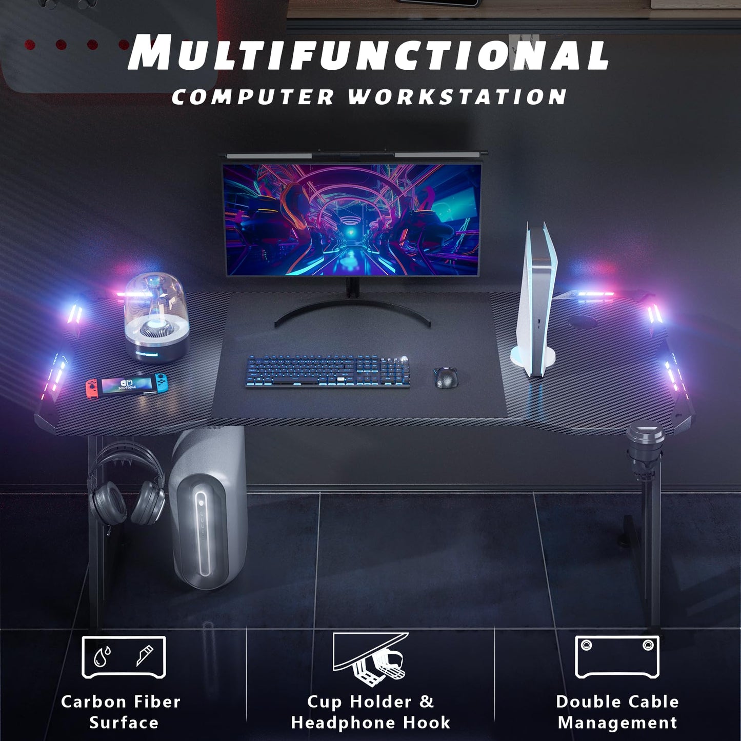 DLONGONE 160 x 60cm RGB Gaming Desk, Large Gaming Table for Laptop, Home Office Desk with Carbon Fiber Coated, Gaming PC Desk with Headphone Hook and