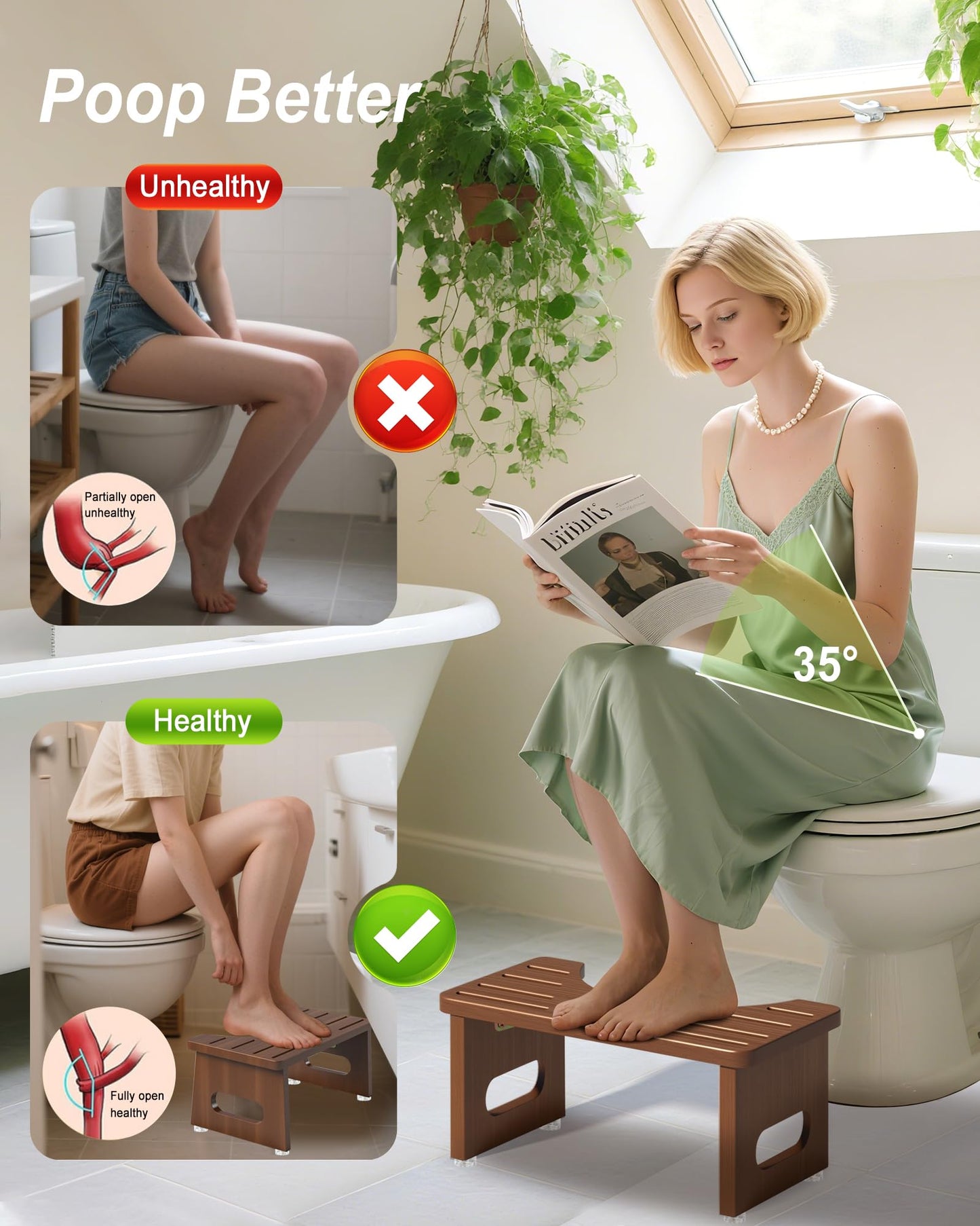 YOSE Wood Toilet Stool Squat Adult, Foldable Squatting Potty for Bathroom, Dual Anti-Slip Potty Step Stool for Pooping