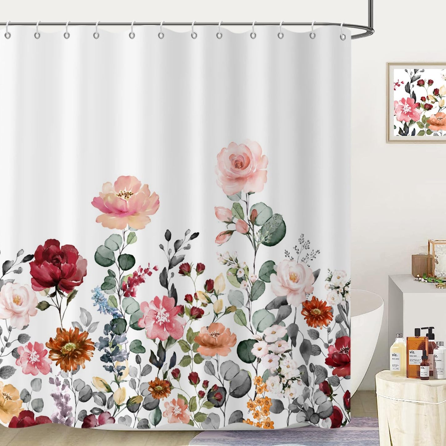 GCIREC Floral Shower Curtain, 180x180cm, Rustic Colorful Floral with Green leaves Wildflowers Waterproof Fabric Machine Washable Bathroom Curtain
