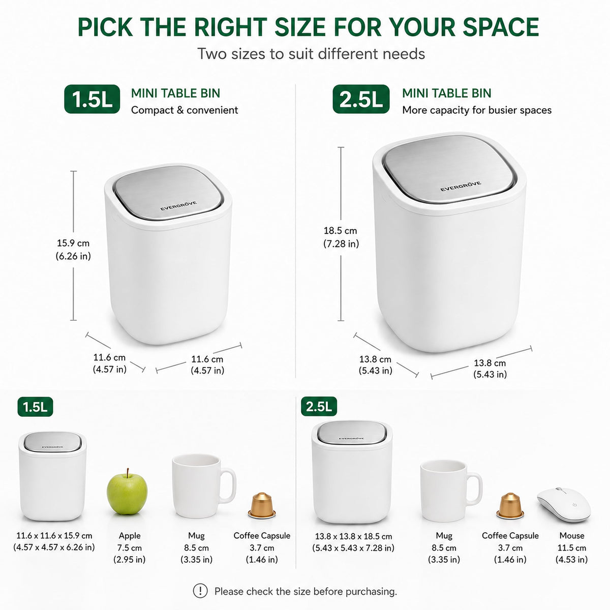 EverGrove Mini Table Bin,Desktop Trash Can Arctic White, 1.5, Litres