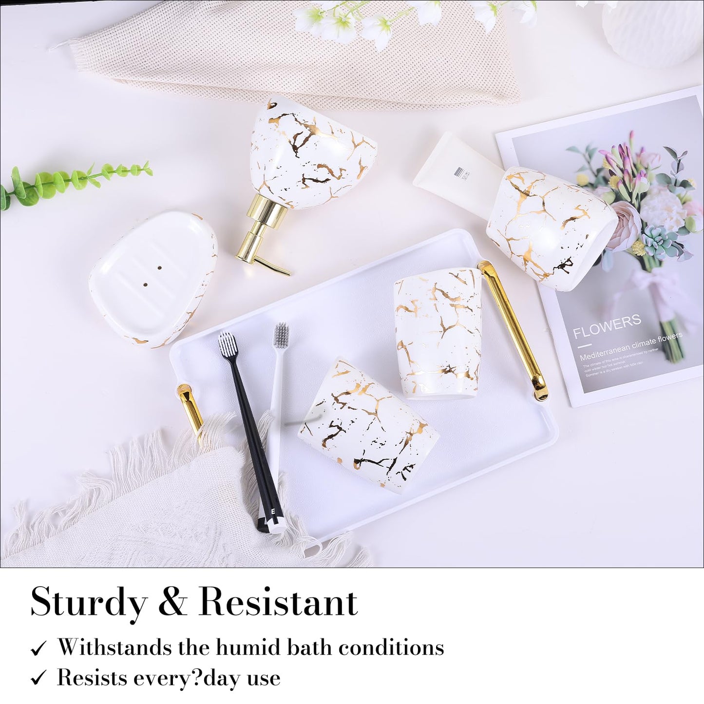 XYQXYQ Ceramics White Bathroom Accessories Set,Gold Marble Look Bathroom Decor,Modern 6 Piece Bathroom Accessory Set,Complete with Soap