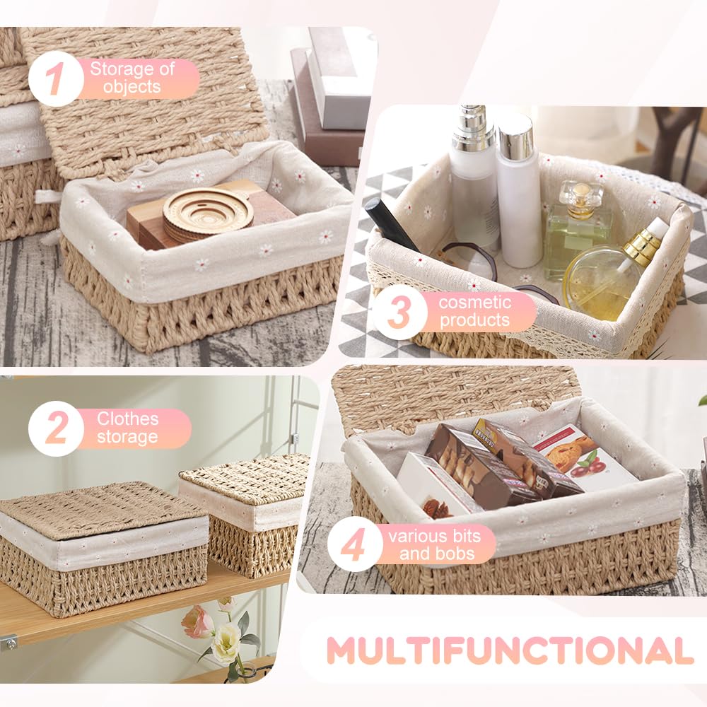 KiKiHong 3 Set Handwoven Storage Baskets With Lids,Basket With Lid