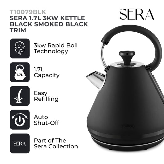 Tower T10079BLK Sera Pyramid Kettle with Smoked Black Trim, 1.7L, 3KW, Black