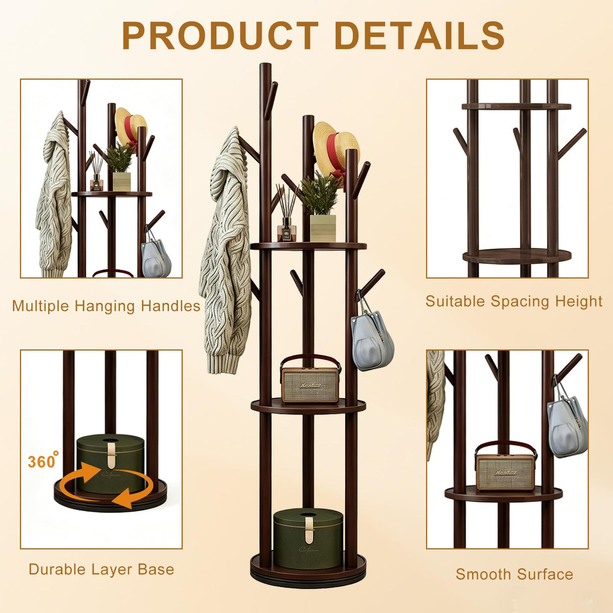 SHEBUYLLI Wooden Coat Stand, Rotatable Free Standing Coat Rack with Hooks