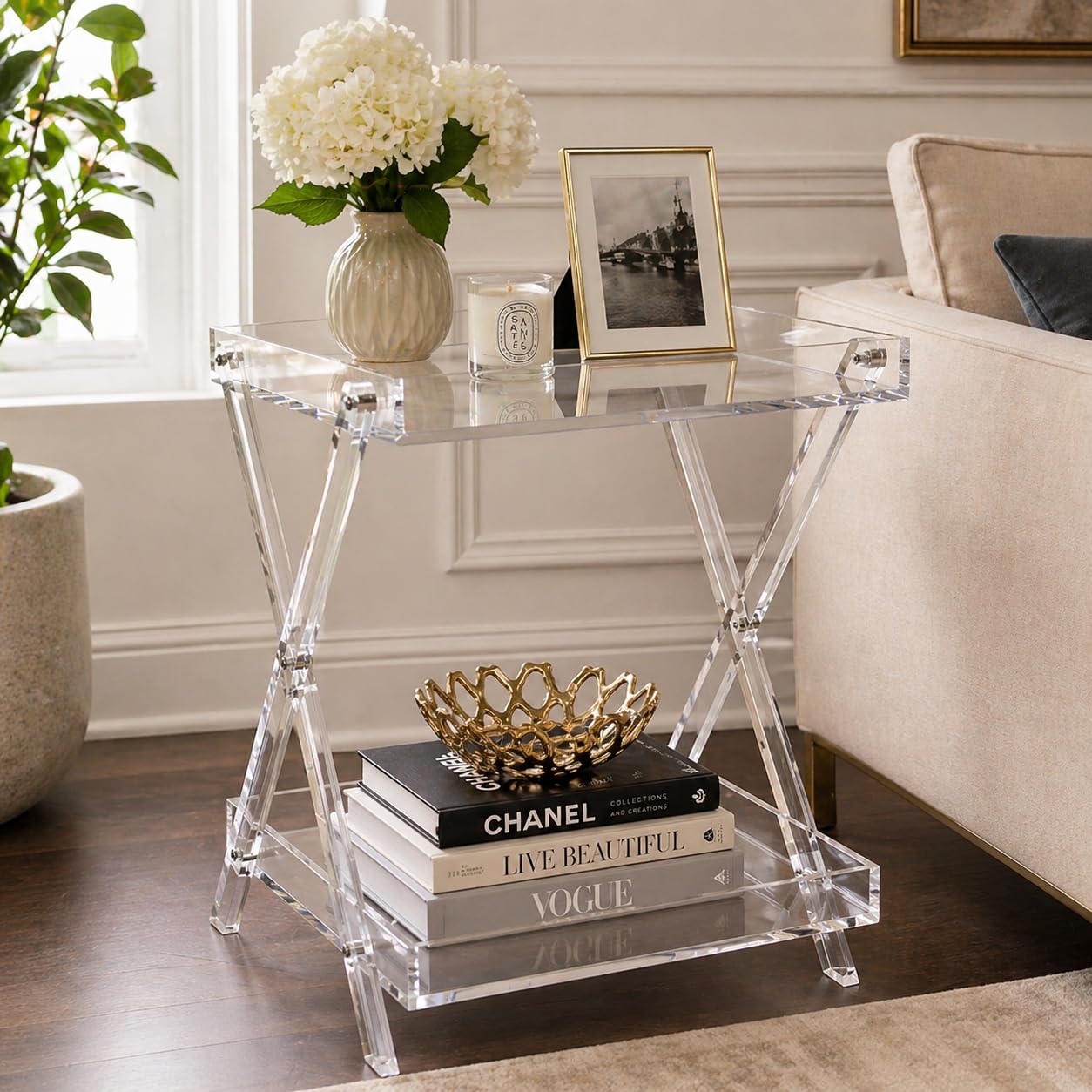 Coolcapis Clear Acrylic Tray Table Folding Small GlaTable for Living Room Bedroom Office – Modern Side Table with Handles (Two-tier)