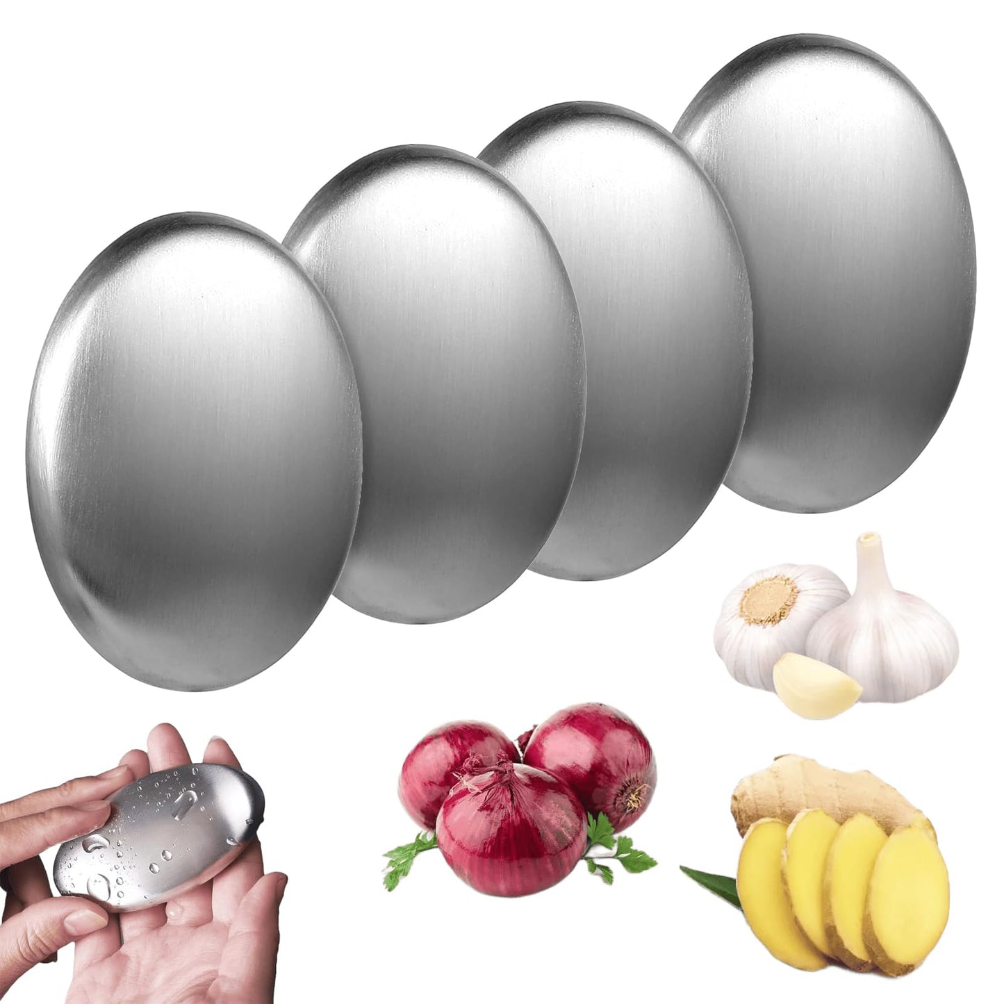 ZhongShuang 4 Pack Stainless Steel Soap Bar, Metal Odor Absorber, Eliminates Smell Like Onion, Fish, Garlic From Hands and Skin, Kitchen Gadgets