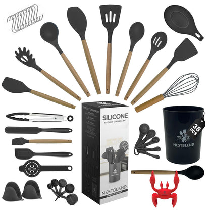 NestBlend Nonstick Black Wooden Kitchen Utensils Set - 38 Pieces Kitchen Utensil Set - Kitchen Gadgets Cookware Set - Cooking Utensils Silicone