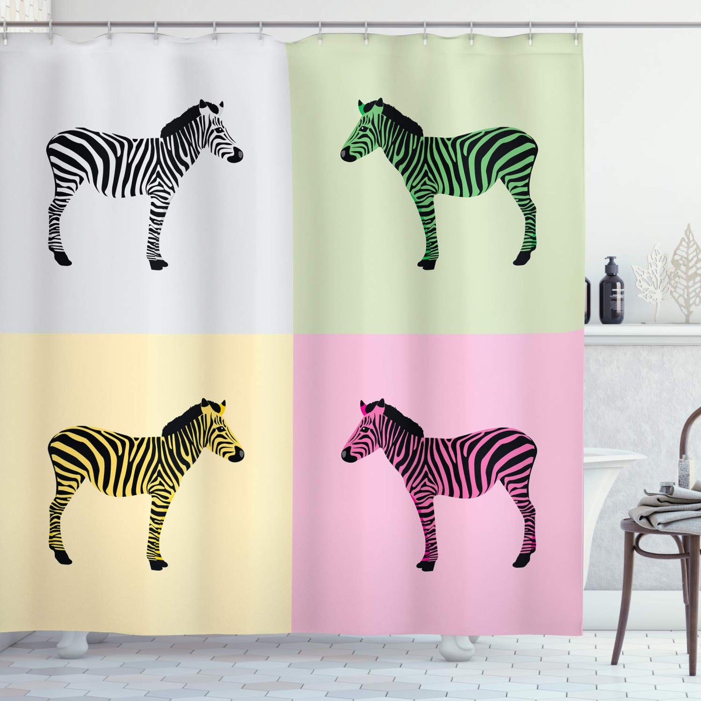 ABAKUHAUS Pink Zebra Shower Curtain, Zebras in Boxes Pop Art Avant Garde Influence Graphic, Cloth Fabric Bathroom Decor Set with Hooks, 70 Inches,