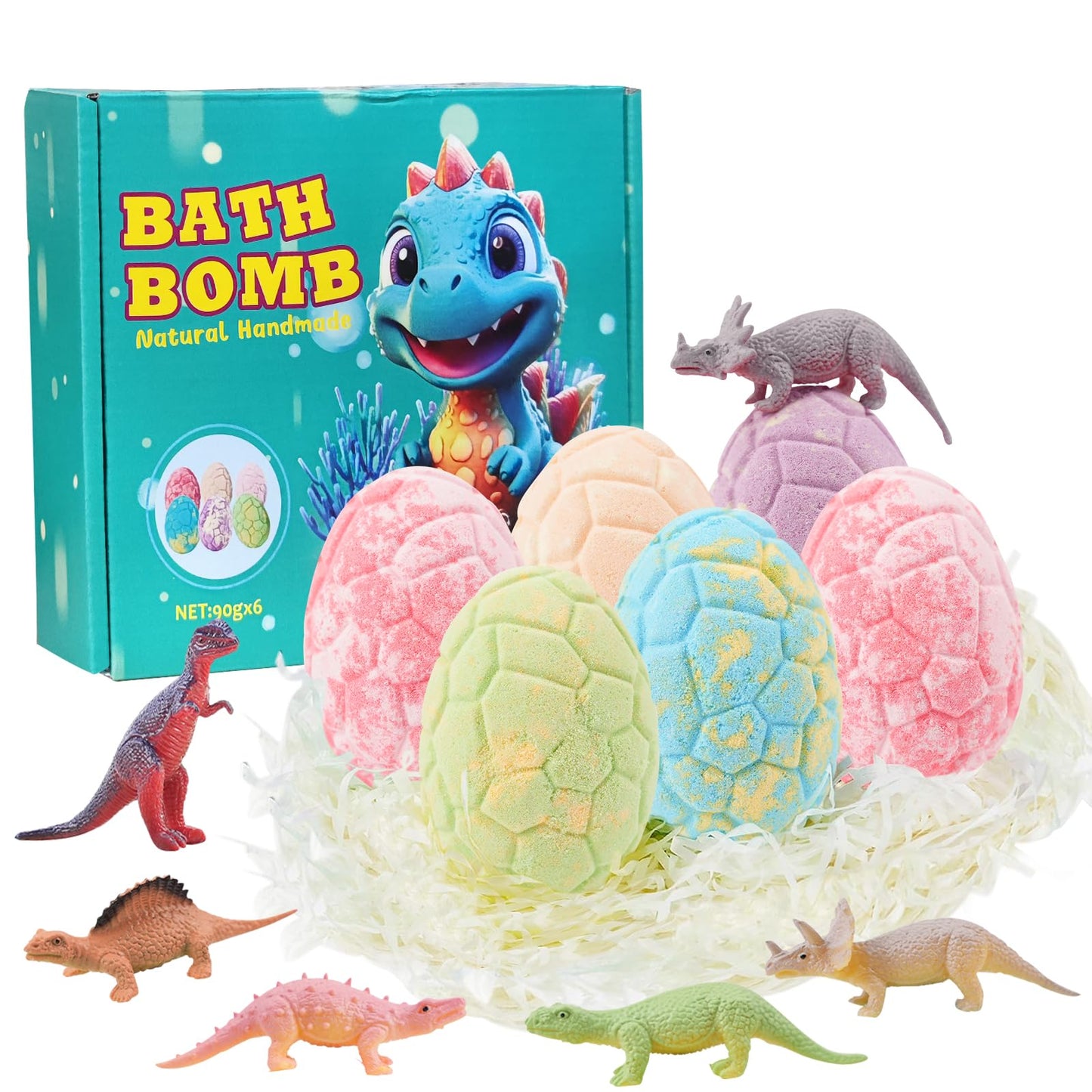 Dinosaur Bath Bombs Set - 6 Natural Organic Fizzy Bombs with Surprise Toys Inside for Kids, Handmade Bubble Gift Set, Ideal Birthday Easter for Boys &
