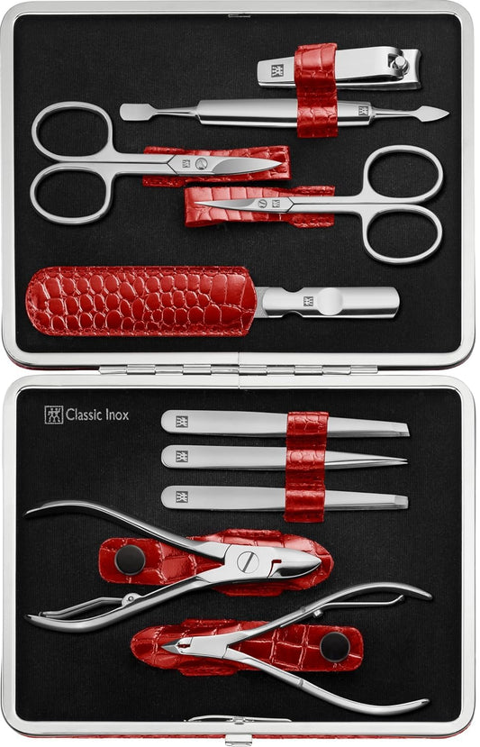 ZWILLING Manicure Set (10 Pieces, Complete Set for Fingernails and Toenails, Real Leather Case with Metal Frame), Polished Stainless Steel, Crocodile