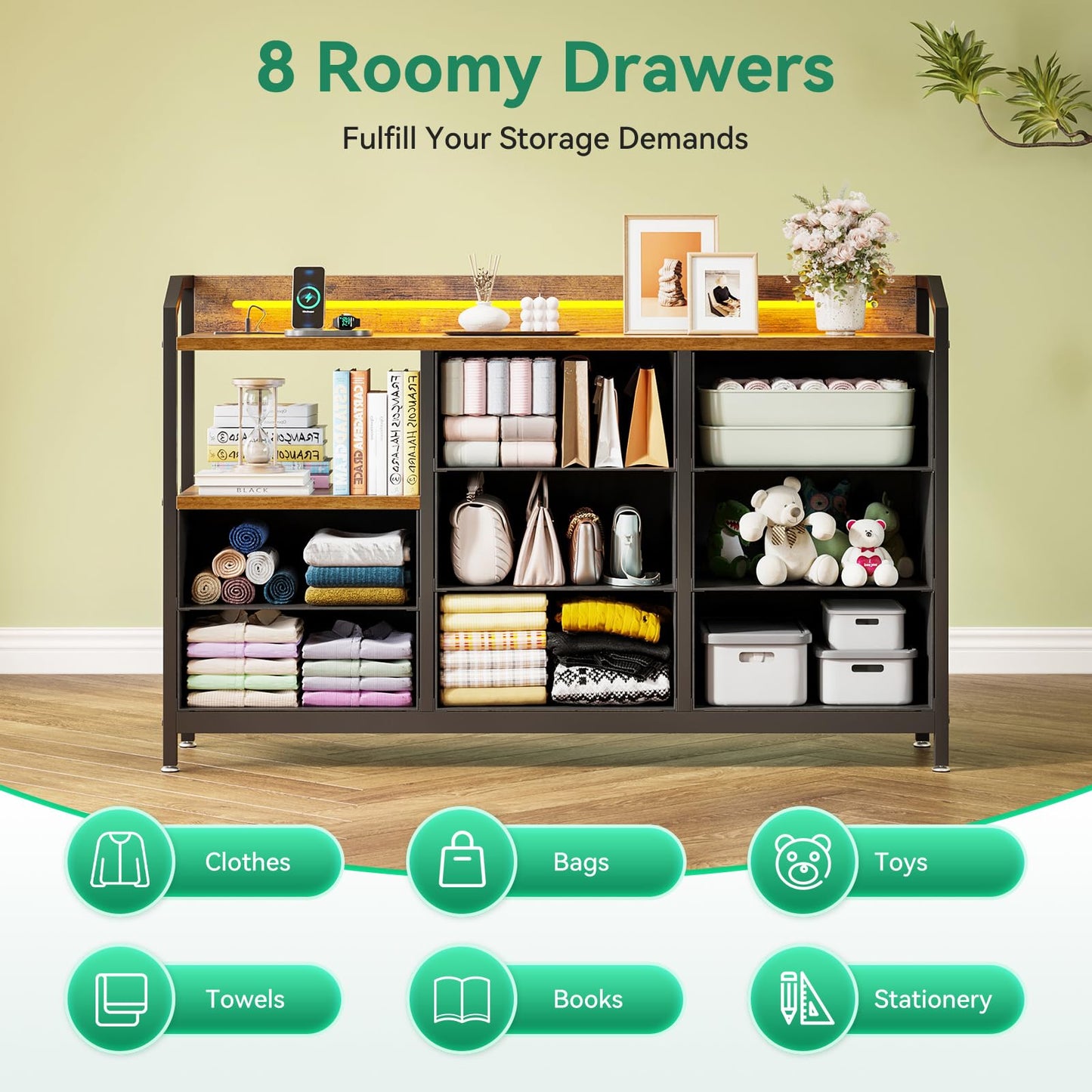 ODK Chest of Drawers Bedroom, 8 Fabric Drawers, 110x30x88cm, Retro Color
