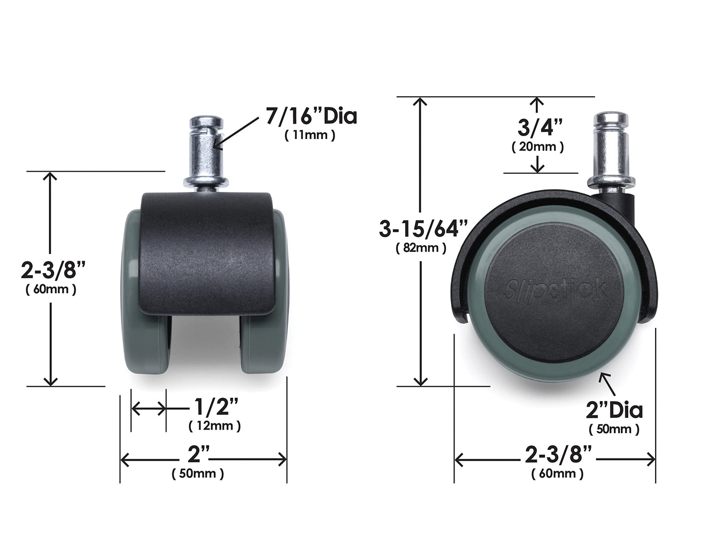 Slipstick CB680 Floor Protecting Rubber Office Chair Casters (Set of 5) 50 mm Castor Wheels with Standard Stem Size - Black/Gray