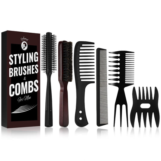 Mens Hair Brush and Beard Brush Set,Boar Bristle Beard Brush,Wide Tooth Comb,Round Hair Brush,Texture Comb for Hair Detangle,Blow Dry,Cutting,Parting