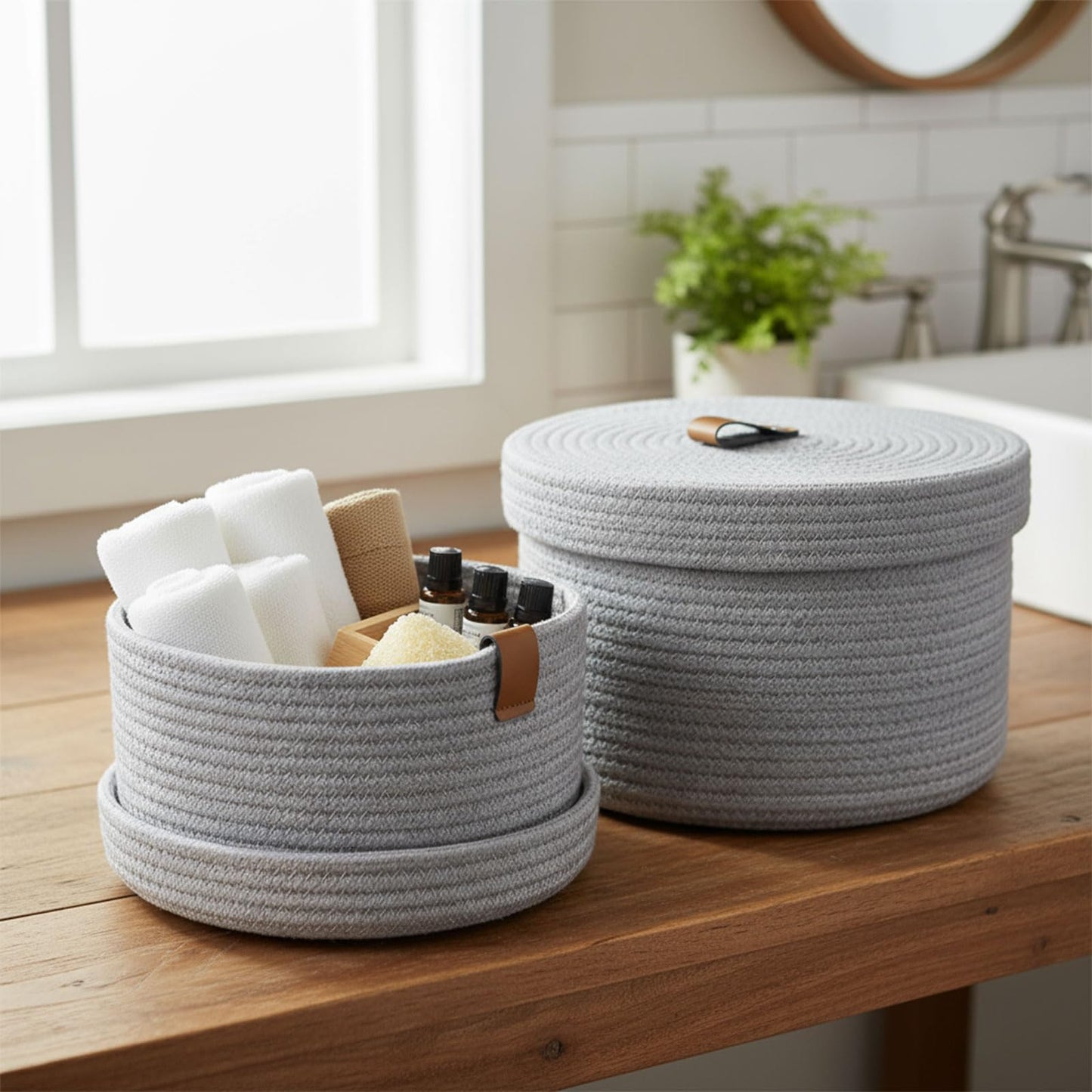 Set of 2 Storage Basket with Lid, Round Cotton Rope Decorative Basket with Leather Handles, Multifunctional Woven Baskets for Shelves, Bedroom