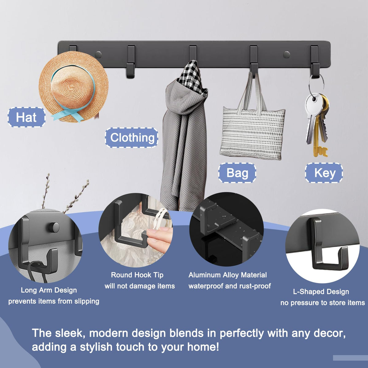 Arimsoa 2 Packs Coat Rack Wall Mounted Black Coat Hanger with 5 Hooks Heavy Duty Wall Coat Hooks Load Capacity 33 Lbs Hanger Rust-Free Clothes Hook