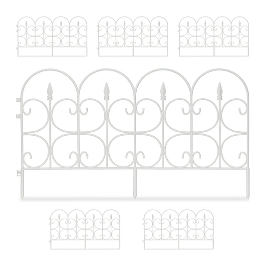 Relaxdays Weatherproof Plastic Flowerbed Fence, 30 cm Tall, Ornate Lawn Enclosure with Spikes, 6-Pc Set, 4m, White