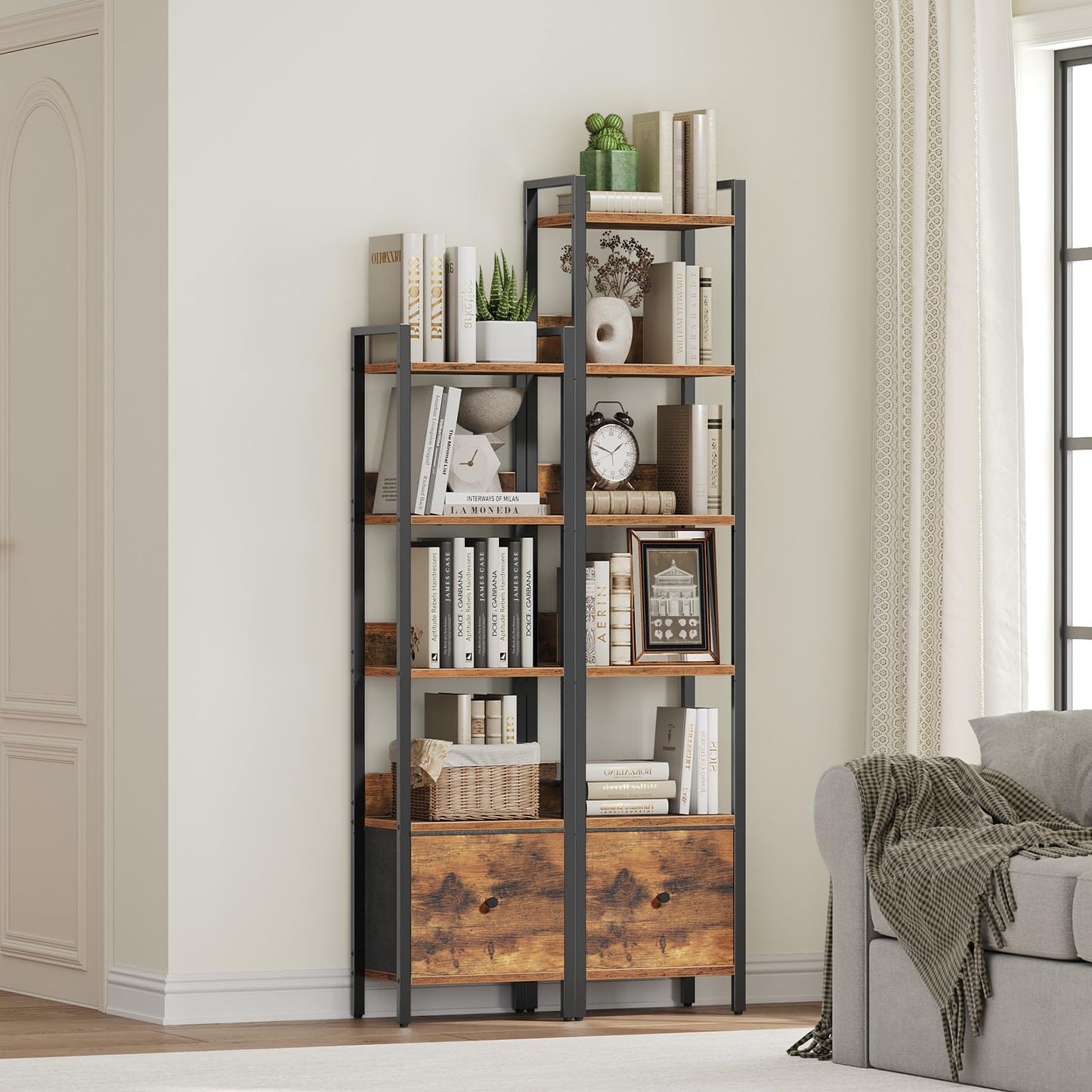MAHANCRIS Bookshelf, 5-Tier Bookcase with Removable Drawer, Freestanding Book Shelf for Small Space, Storage Shelf Organizer, for Living Room