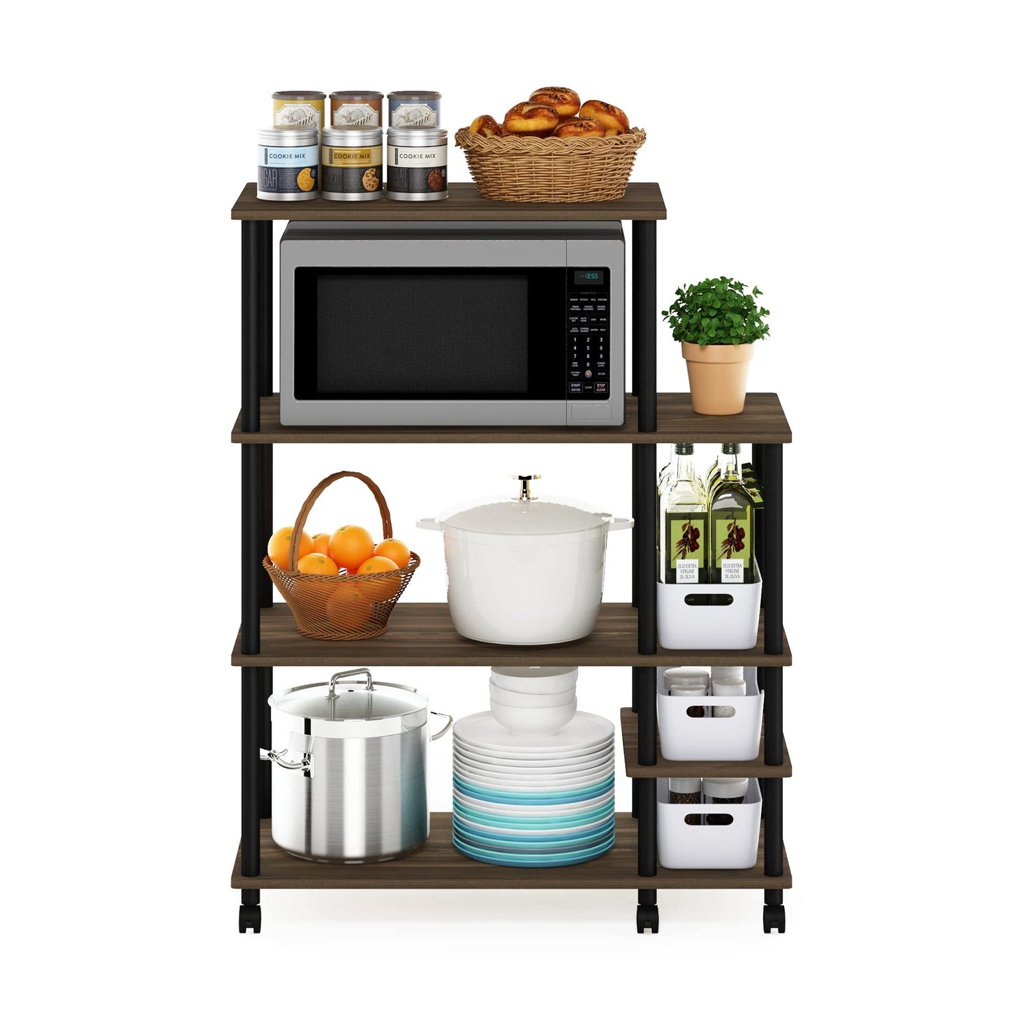 Furinno TURN-N-TUBE Bakers Rack with Wheels, 4-Tier Kitchen Storage Cart, Kitchen Cart, Coffee Bar, Pantry Organizers and Storage, Brown Walnut