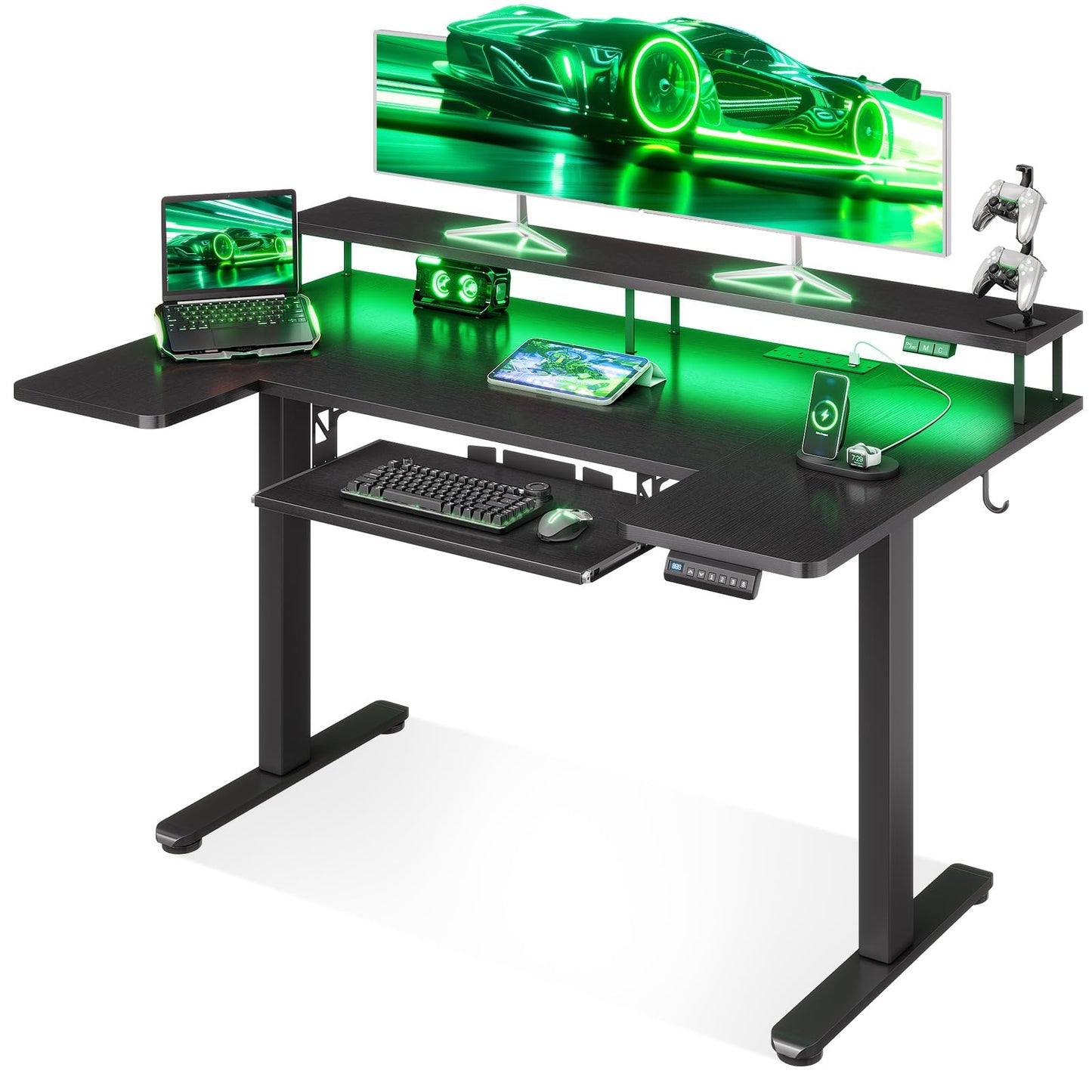OffiGo Standing Desk, 120cm U Shaped Desk with LED Lights & Power Outlets