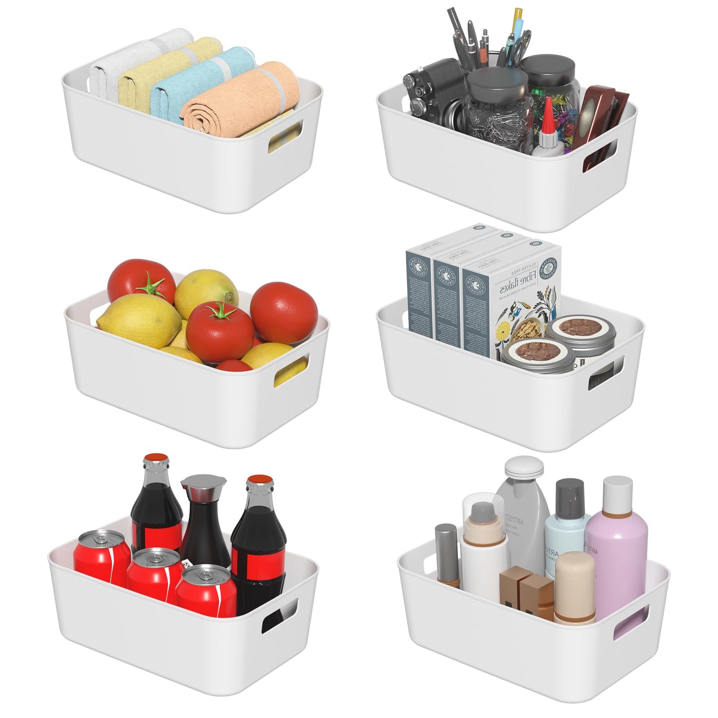 Loiycg 6 Packs Plastic Storage Baskets with Handles, White Storage Boxes