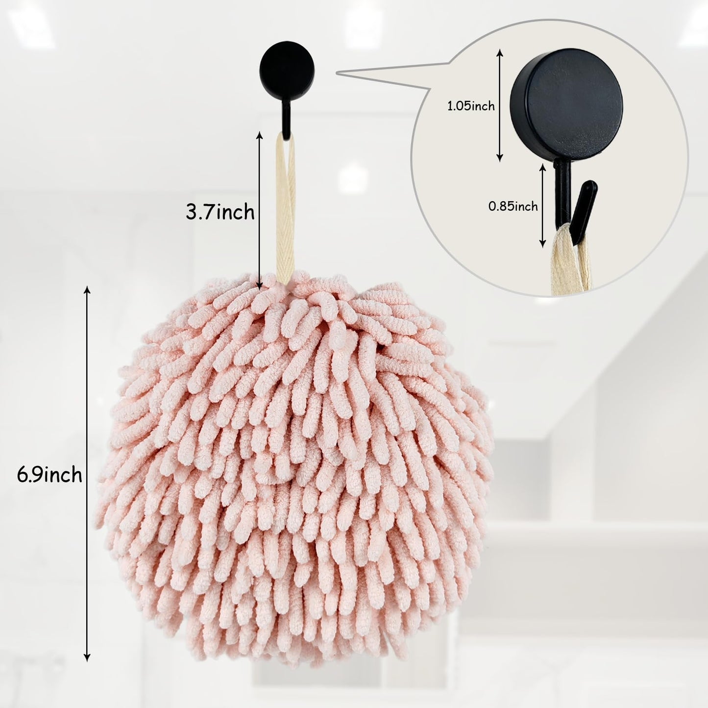Fuzzy Ball Hand Towels, Set of 2, Chenille Quick Dry, 6.9inch (pink)