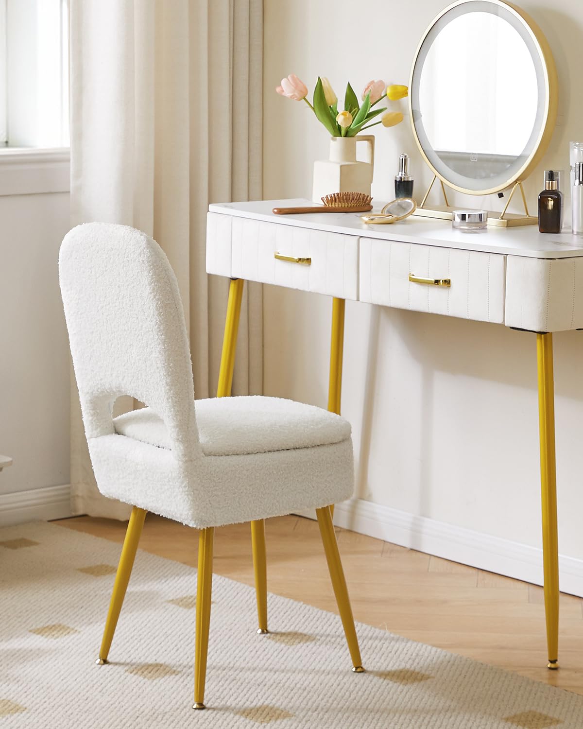 IBUYKE Storage Vanity Stool Chair with Folding Backrest, White WBD027W