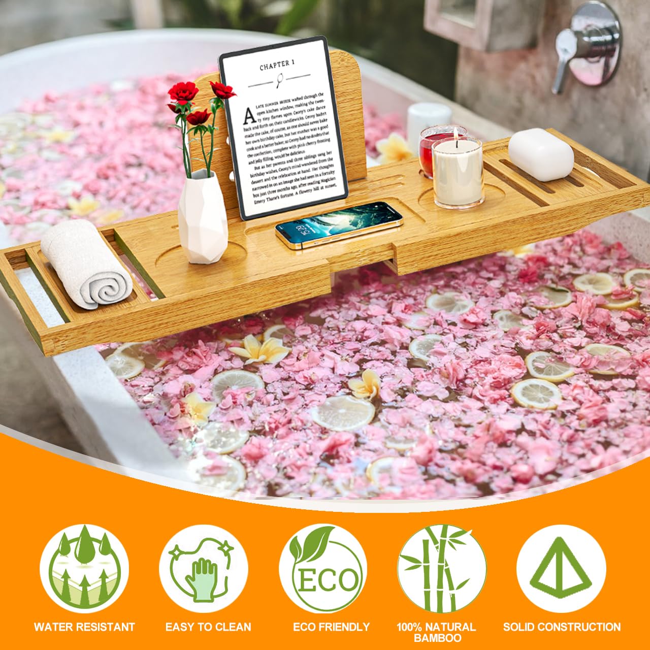 Bathtub Tray Caddy - Bath Tray - Bath Tub Tray Caddy - Bamboo Bath Tray for Tub - Expandable Size, Fits Most Tubs