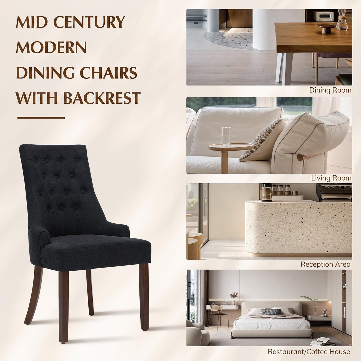 MALOL Upholstered Dining Chairs Set of 4, Wingback Dining Room Chairs with Tufted Button, High Back Kitchen Chairs with Solid Wood Legs