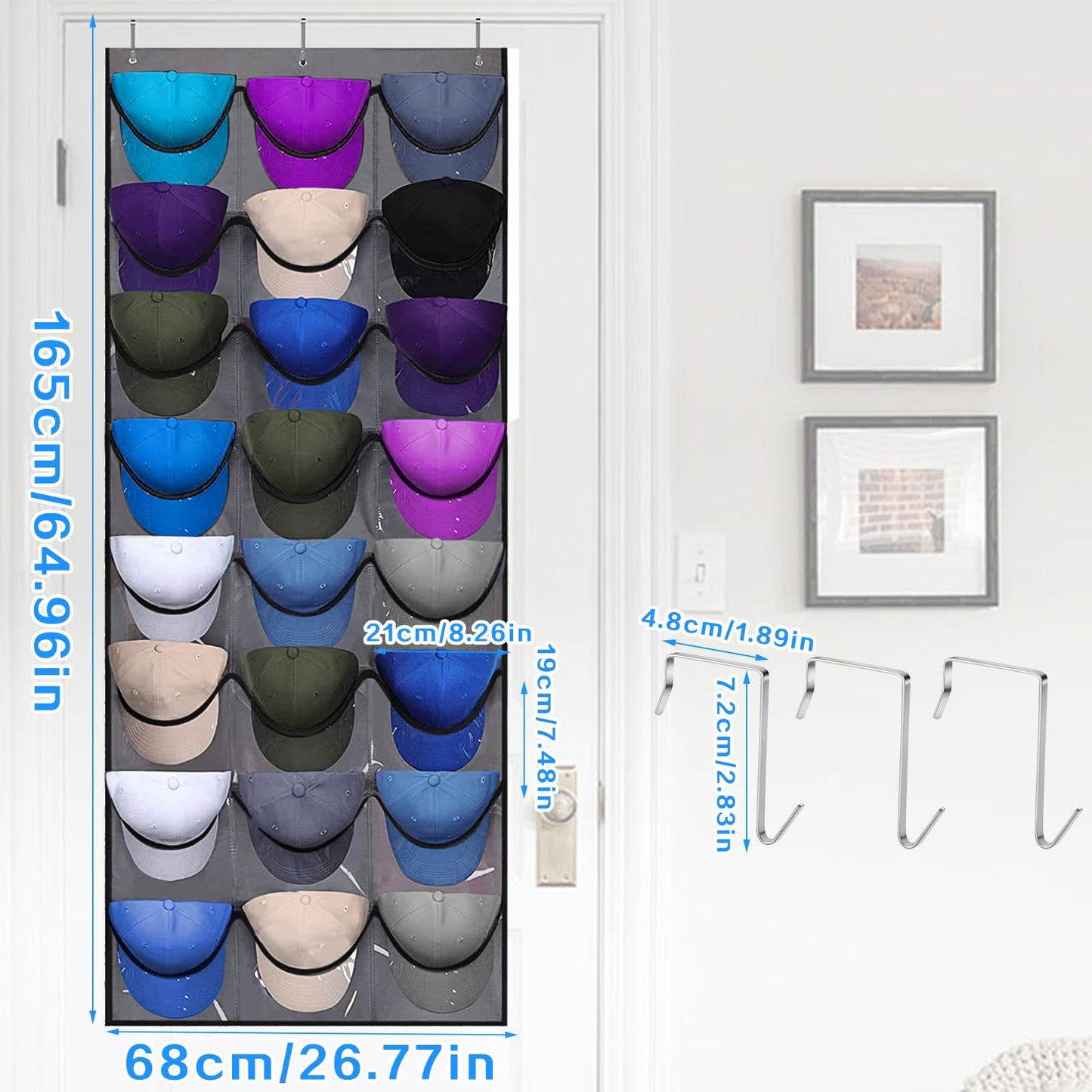 qimeyu Baseball Cap Storage,Baseball Cap Door Organizer,Cap Storage for Baseball Caps,Baseball Cap Rack with Large 24 Clear Deep Pockets,Cap Hanger