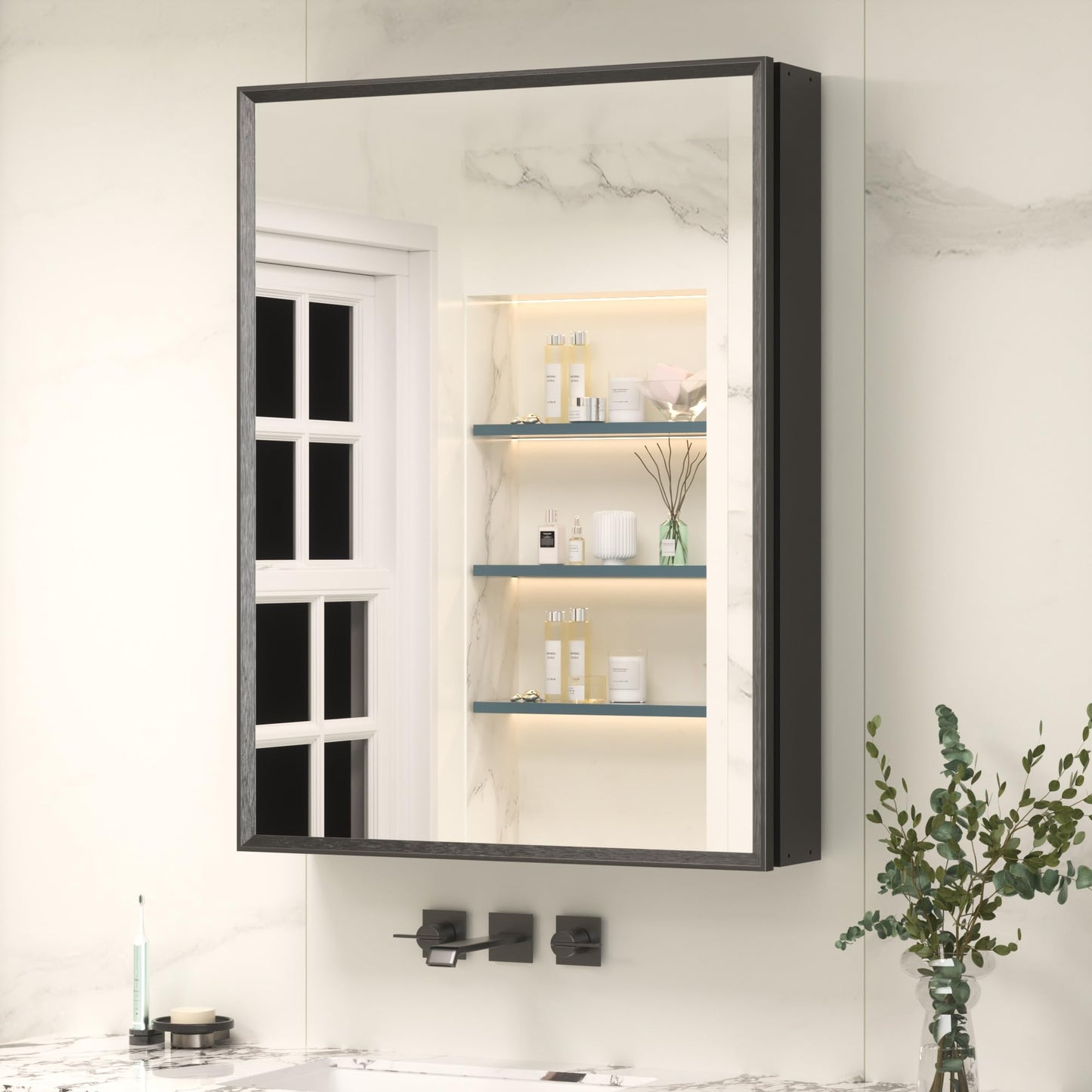 Keonjinn Bathroom Mirror Cabinets 60x80cm, Assembly Required, Black Aluminum Frame Mirrored Bathroom Cabinet Wall Mounted with Storage