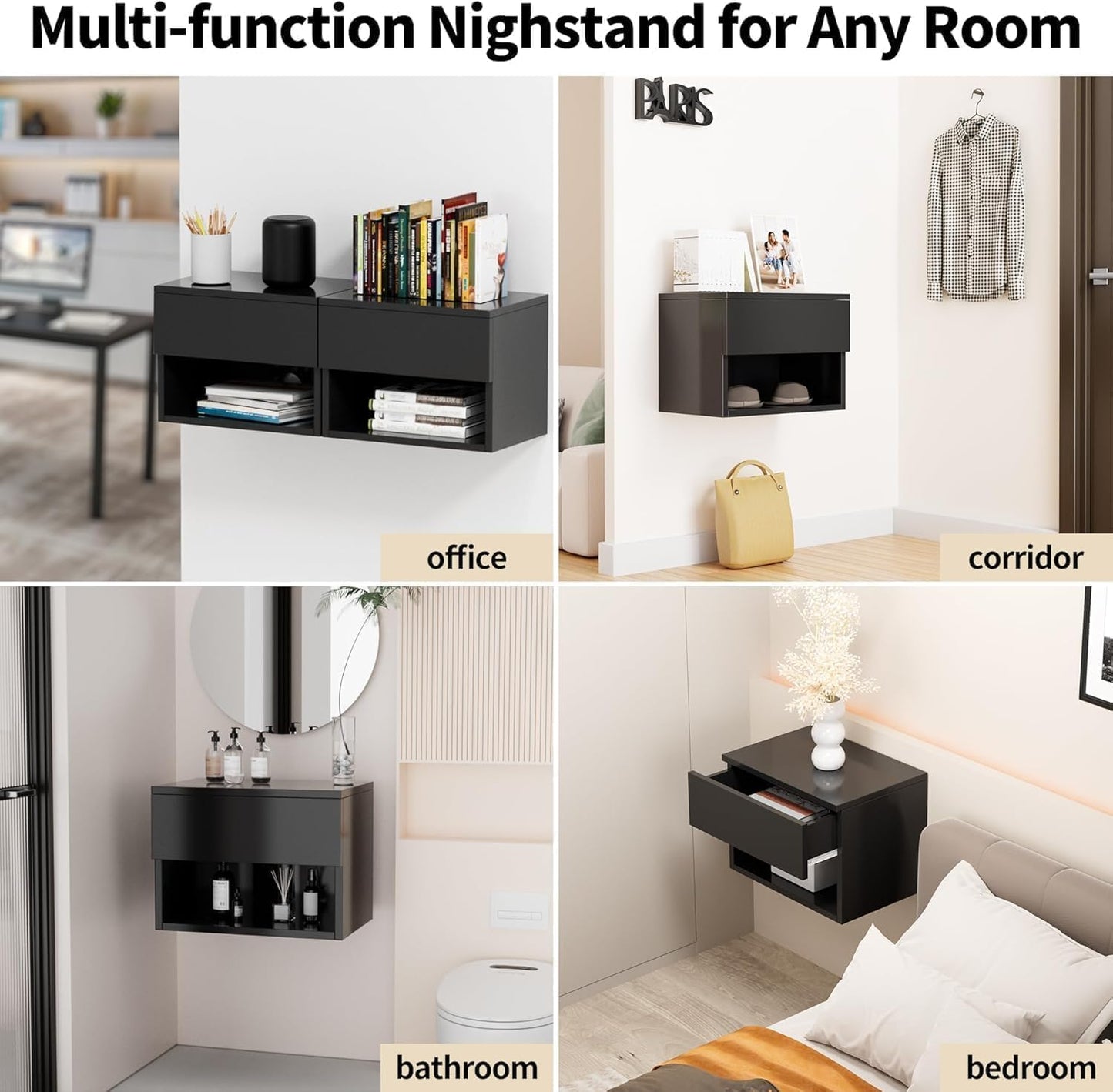 Kiseely Floating Nightstand, Modern Wall Mounted Bedside Table with Drawer, Wood Bedside Shelf & Desk, End Table Wood Modern Night Stand for Bedroom