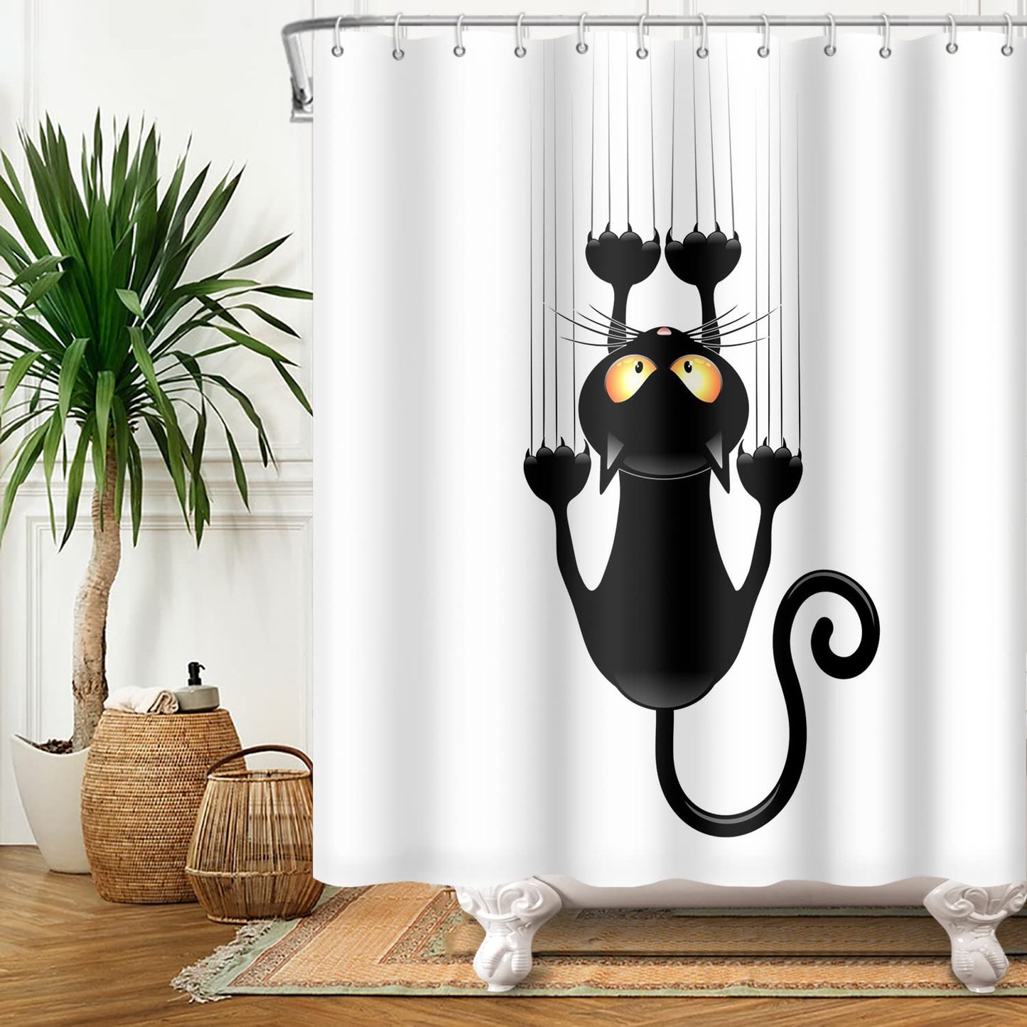 SDOTPMT 180x213cm Black Cat with Sharp Paws Shower Curtain Cute Funny Cat Kitty Bath Curtain White Background Bathtub Curtain for Child Bathroom