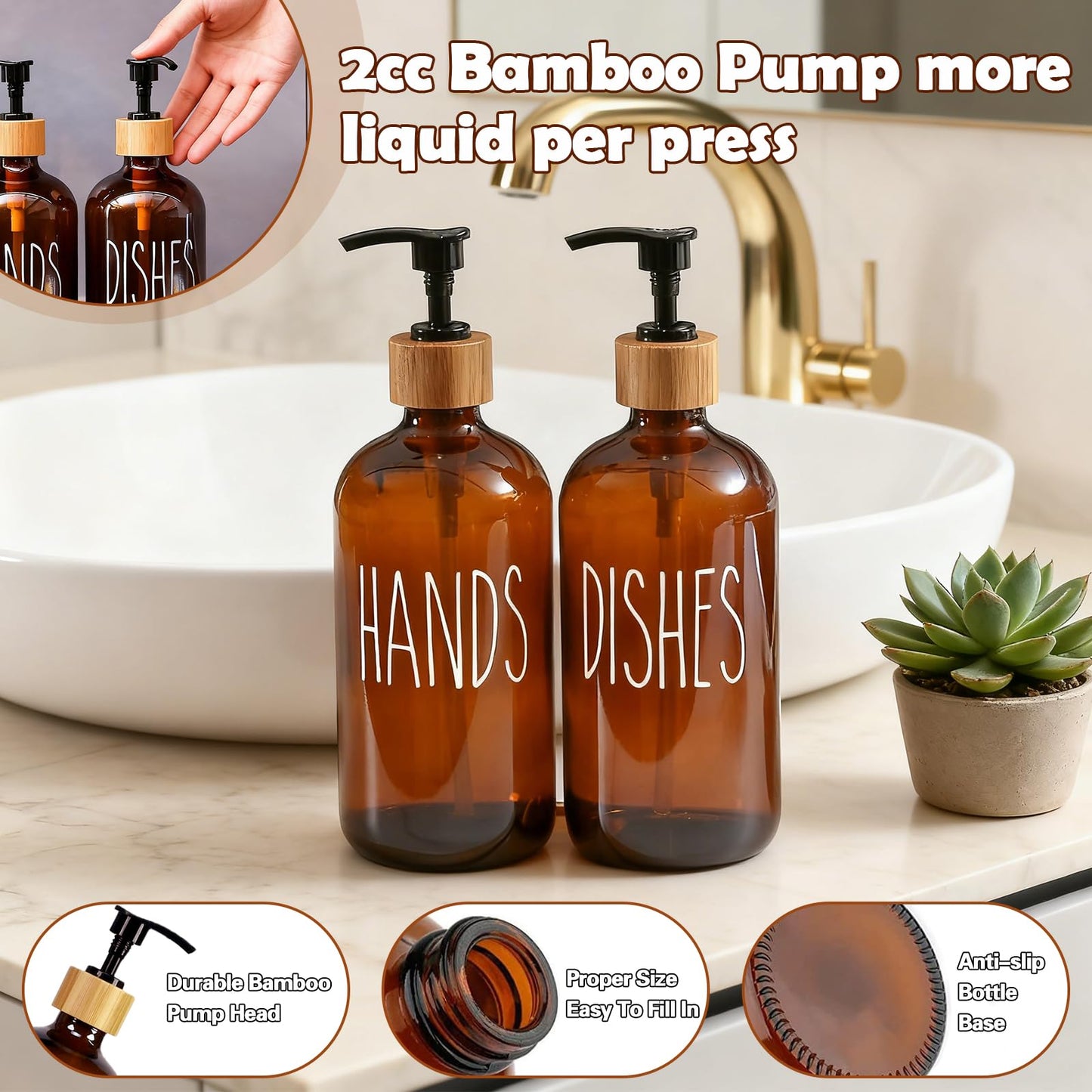 2 Pack 500ml Amber Glass Soap Dispensers with Bamboo Tray - Refillable Hand & Dish Soap Dispenser Set for Kitchen Countertop and Bathroom