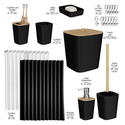 Clara Clark Bathroom Accessories Set - Bathroom Accessory Set with Shower Curtain Set, Toilet Brush, Trash Can & Soap Dispenser Black, Complete Set