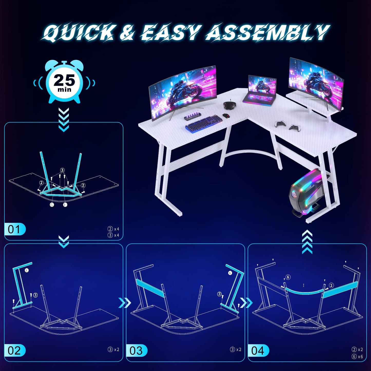 JUMMICO L Shaped Gaming Desk with Large Monitor Stand 120x120x75cm,Corner Desk for Home Office Study Writing Workstation, White