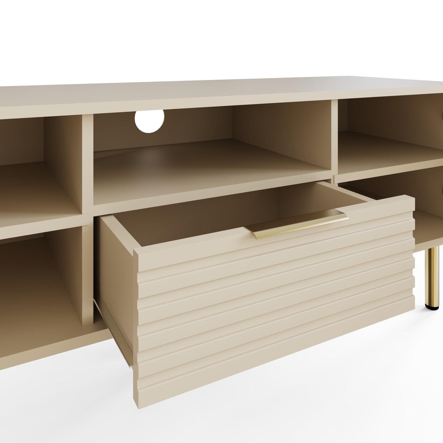 GFW Nervata TV Unit in Ivory, Art Deco Entertainment Stand with Drawer, Cupboards & Gold Effect Accents