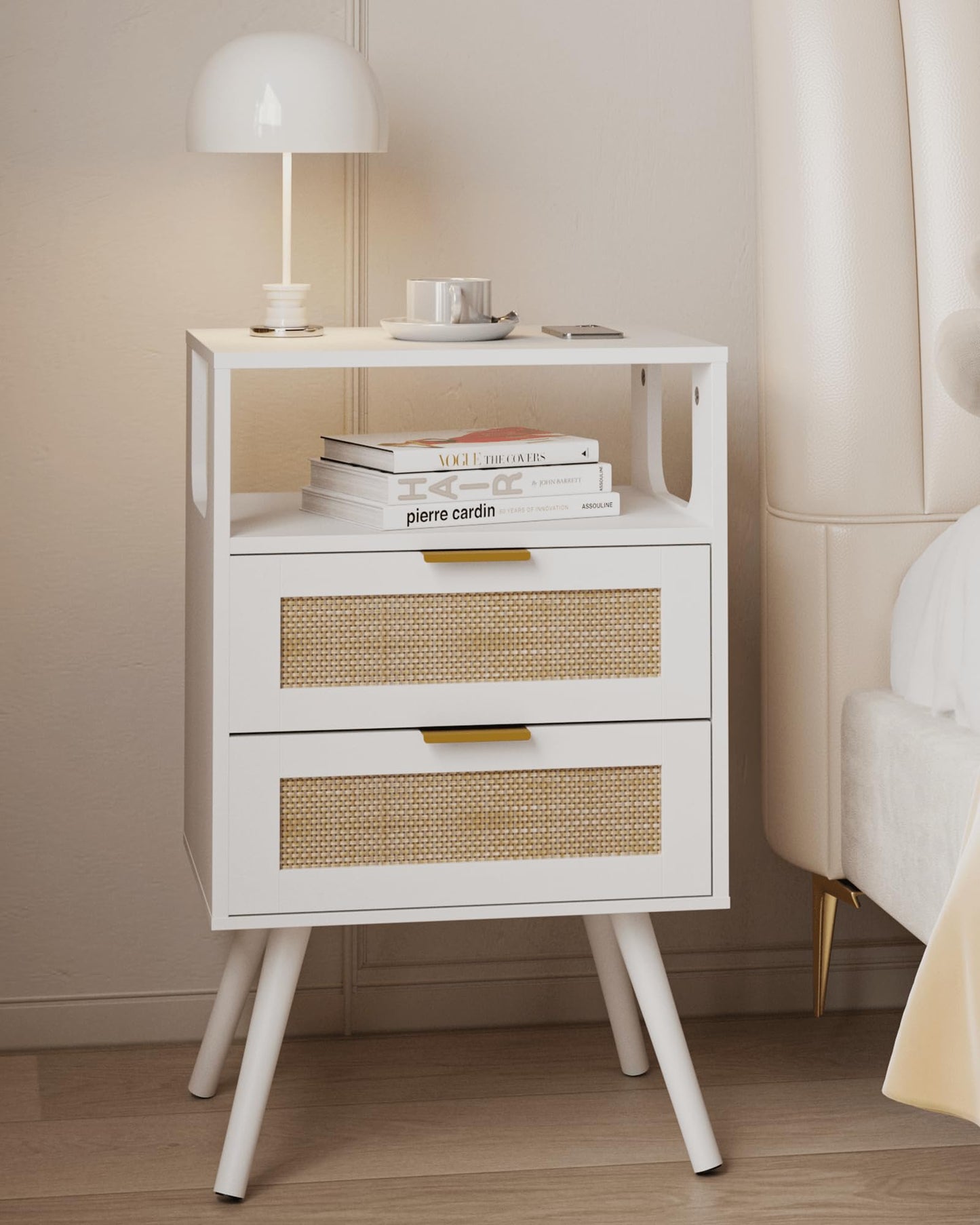 JERX Rattan Bedside Table, Farmhouse Nightstand with 2 Storage Drawer and Open Wood Shelf, for Living Room, Bedroom and Small Spaces
