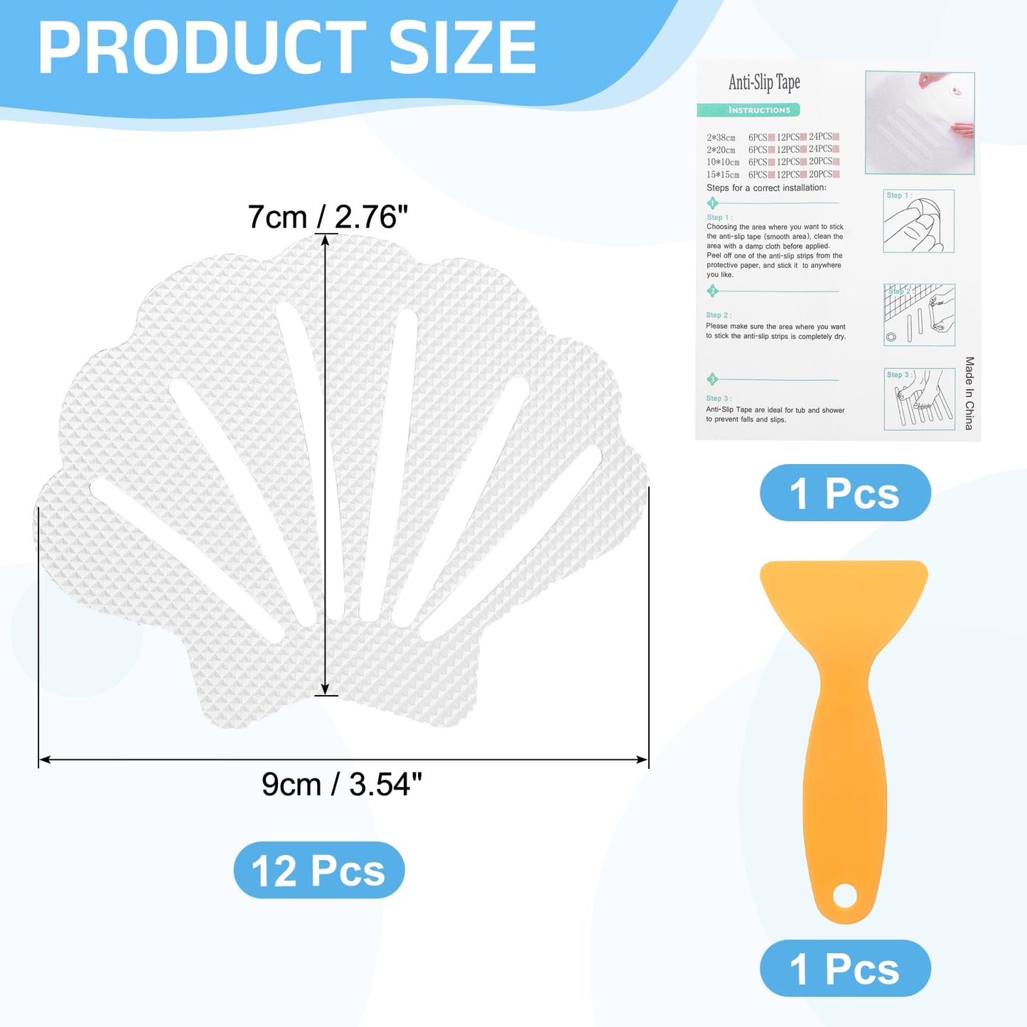 sourcing map 12Pcs Non-Slip Bathtub Stickers, 9x7 cm Shell Shape Shower Floor Non Slip Stickers with Scraper for Bathroom Shower Stairs Ladders, Clear