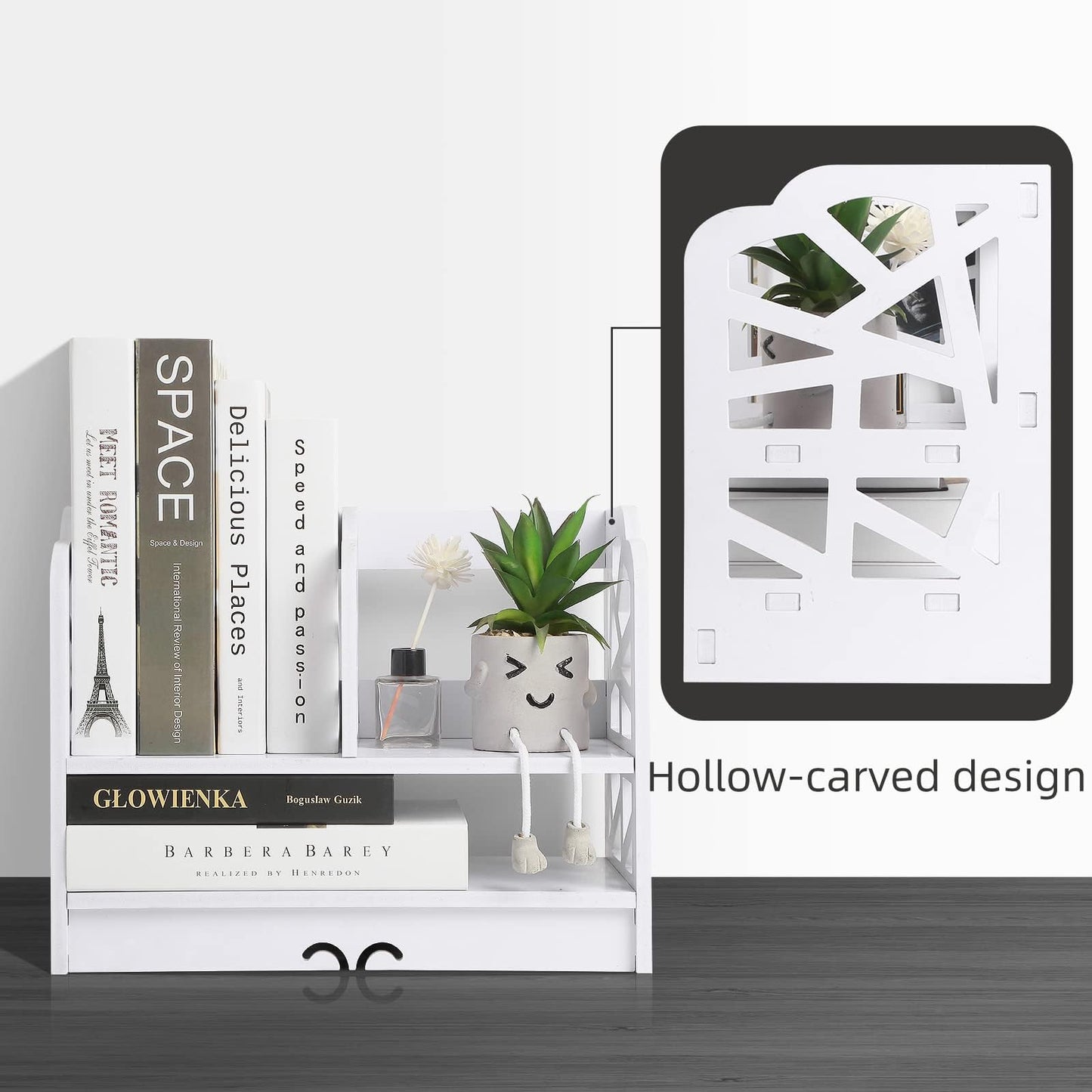 DoToGo Desk Shelf Organizer, Deskop Bookshelf for Small Space Adjustable Expendable for Office, Home, Kitchen (white-big square)