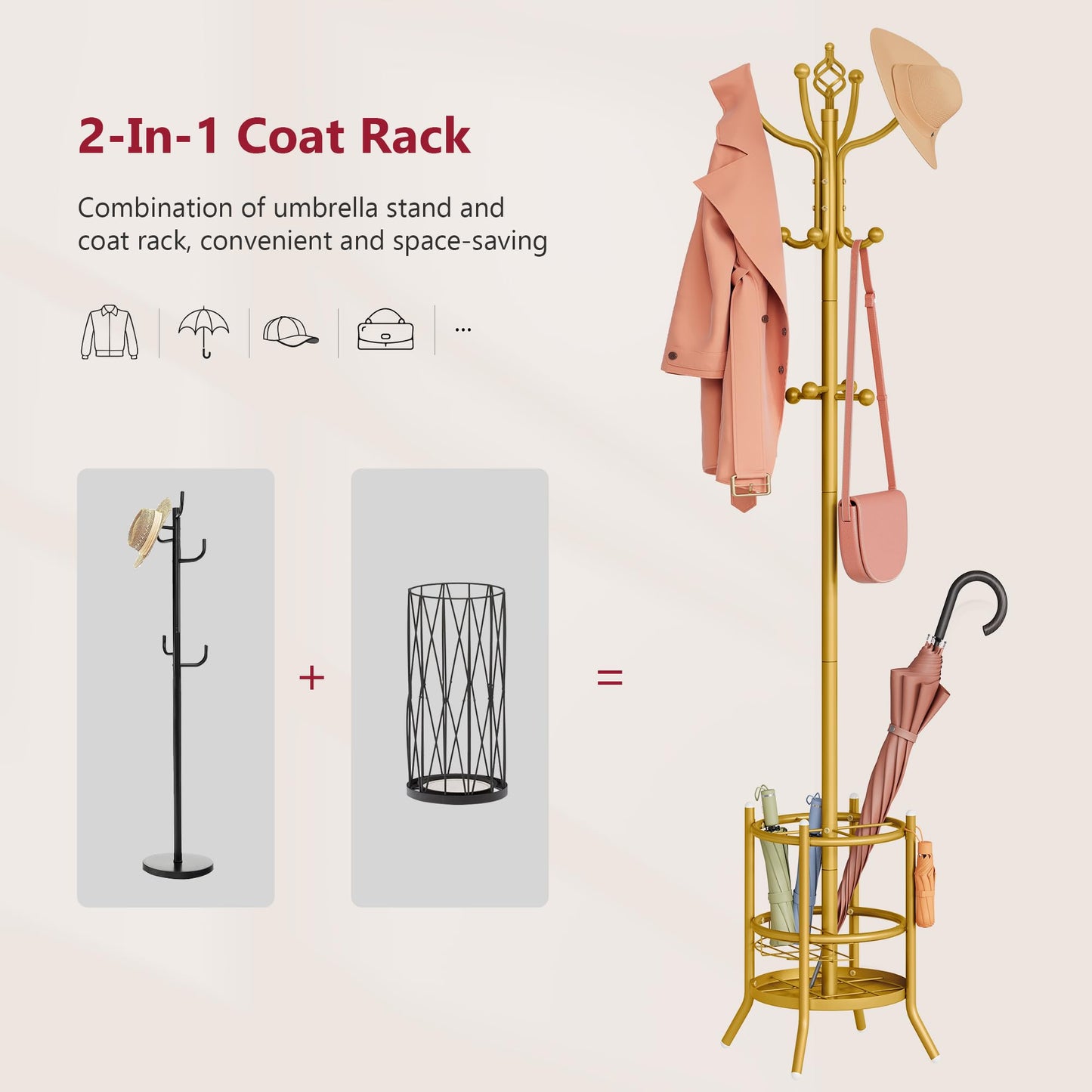 Tajsoon Coat Rack with Umbrella Holder, Coat Tree With 16 Hooks, Gold