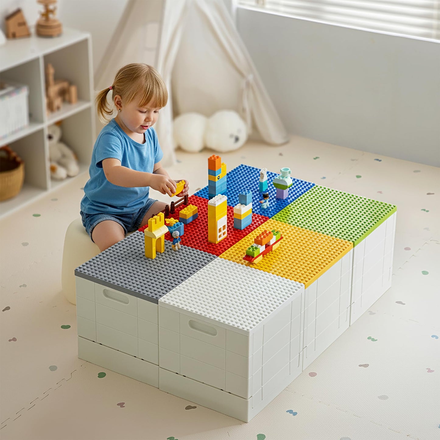 SHIMOYAMA Collapsible Storage Box with Baseplate Lid for Duplo, 25L Stackable Bin with Separate Building Board for Lego