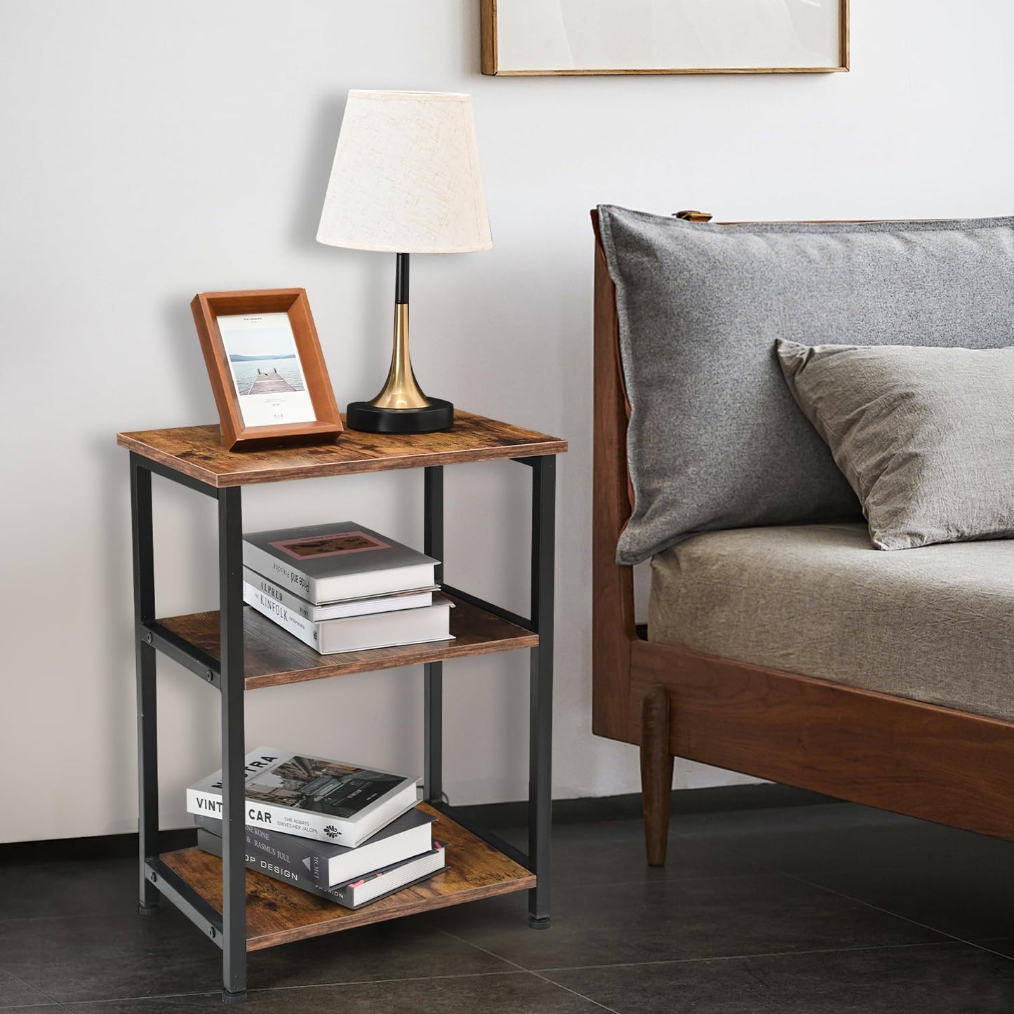 H JINHUI 3-Tier Side Table, Sofa End Table, Solid Wood Tall End Table with Storage Shelves, Nightstand Bedside Table for Living Room Bedroom Office
