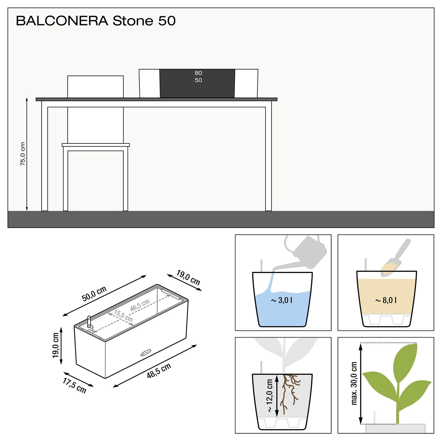 Lechuza BALCONERA Stone 50 Self Watering Planter Plastic Indoor/Outdoor Flower Plant Pot Table and Window Box with Drainage Hole H19 L50 W19 cm Stone