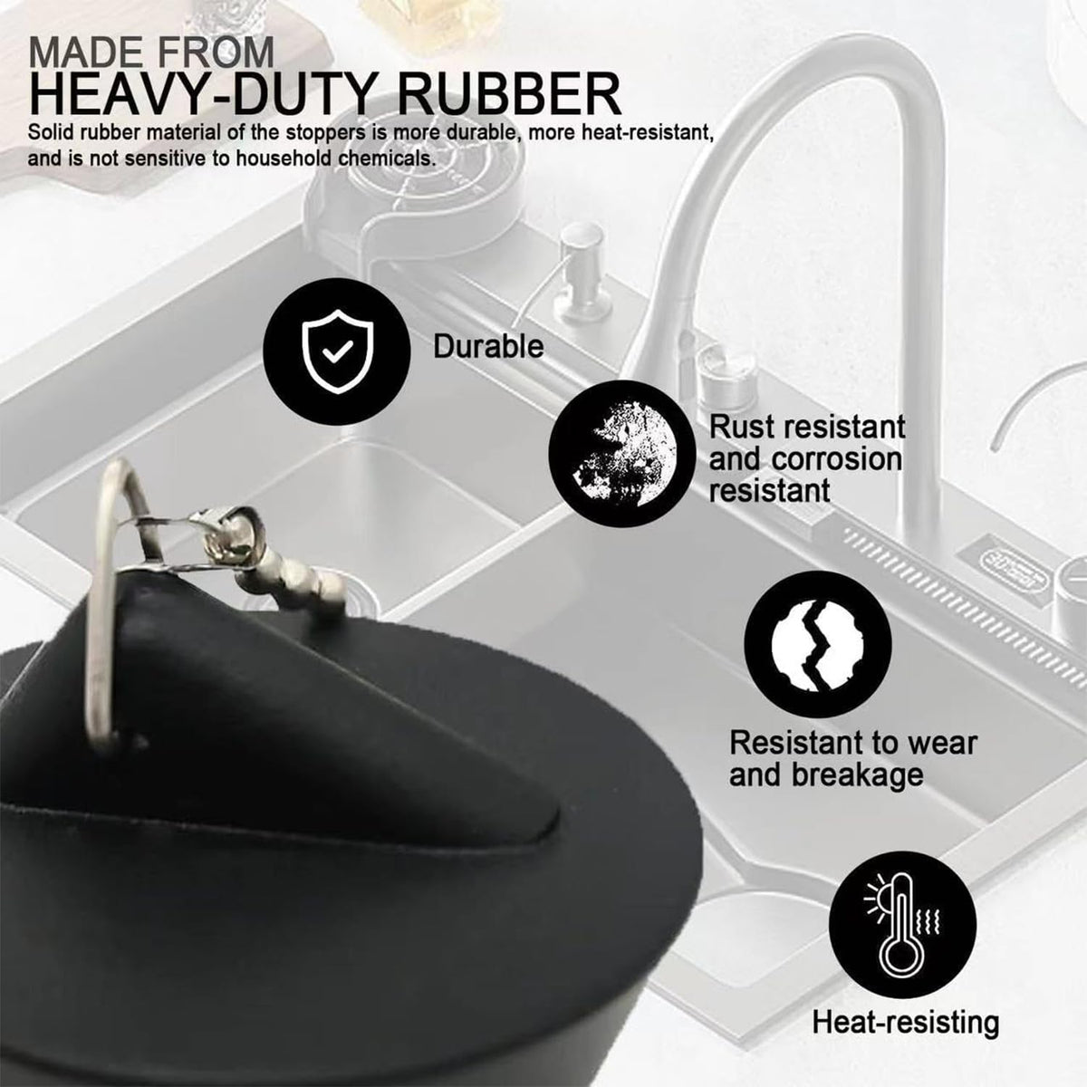 ZIOYANE 2Pcs Drain Plugs, Black Siliconewith Triangle Hook & Bead Chain Sink and Bath Plug for Washbasin Bathtub Bathroom Floor Drain