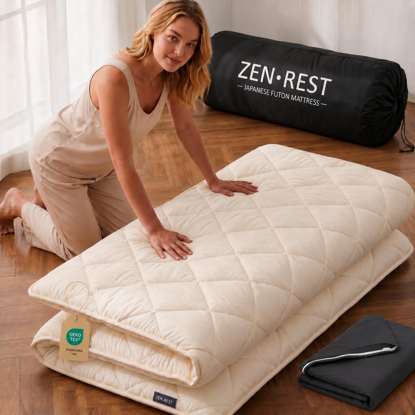 Zen.Rest 7 Layer Memory Foam Japanese Futon Mattress with Portable Storage Bag, Foldable Roll Up, Thick Tatami Mat,Floor Lounger Bed