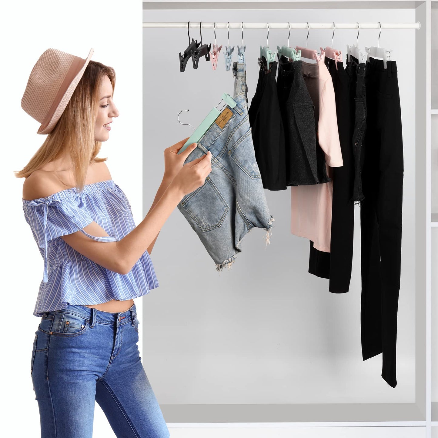 Lamitocs Pack of 10 Skirt Hangers with Strong Non-Slip Adjustable Clips Hooks, Space-Saving Trouser Hangers for Hanging Trousers, Socks, Skirts